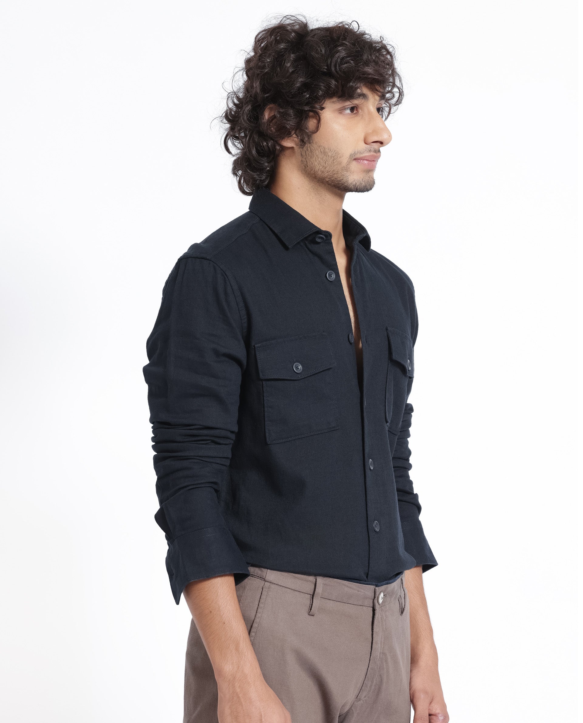 Rare Rabbit Men's Lang Navy Cotton Linen Fabric Full Sleeves Solid Shirt