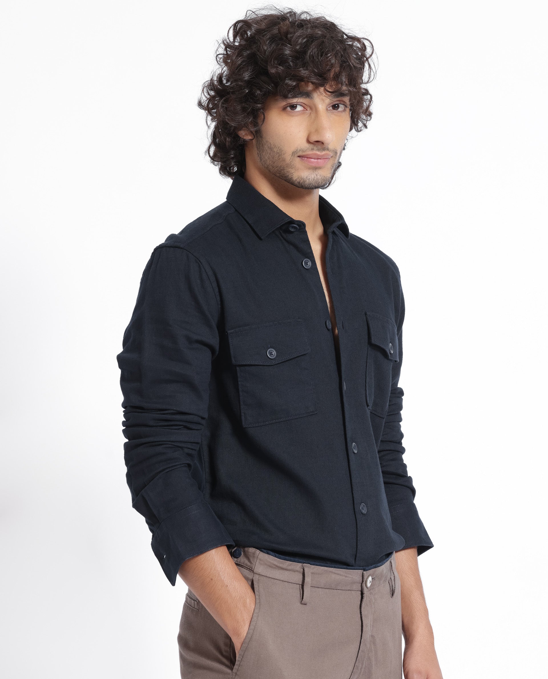 Rare Rabbit Men's Lang Navy Cotton Linen Fabric Full Sleeves Solid Shirt