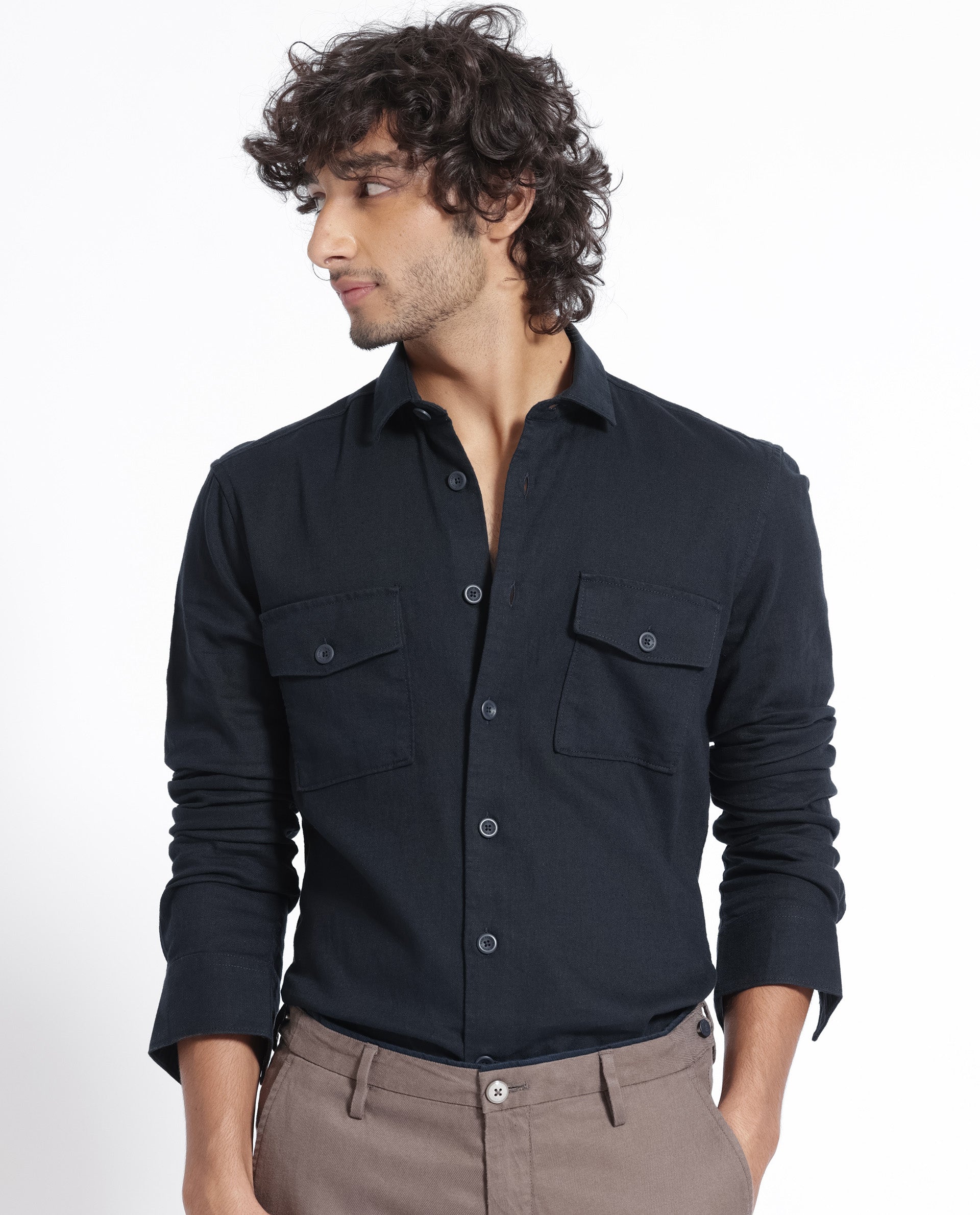 Rare Rabbit Men's Lang Navy Cotton Linen Fabric Full Sleeves Solid Shirt