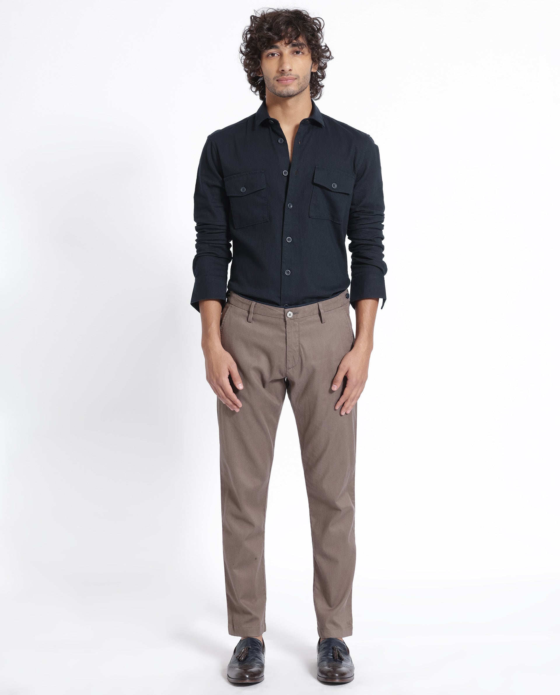 Rare Rabbit Men's Lang Navy Cotton Linen Fabric Full Sleeves Solid Shirt