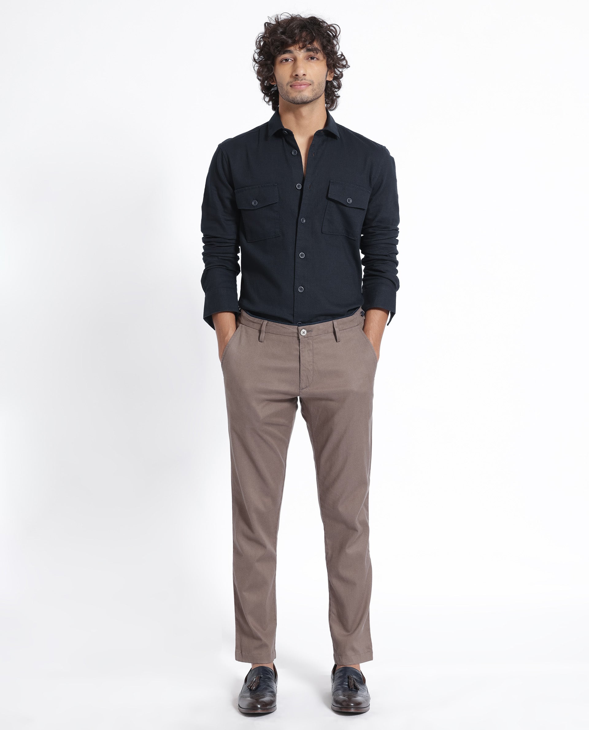 Rare Rabbit Men's Lang Navy Cotton Linen Fabric Full Sleeves Solid Shirt