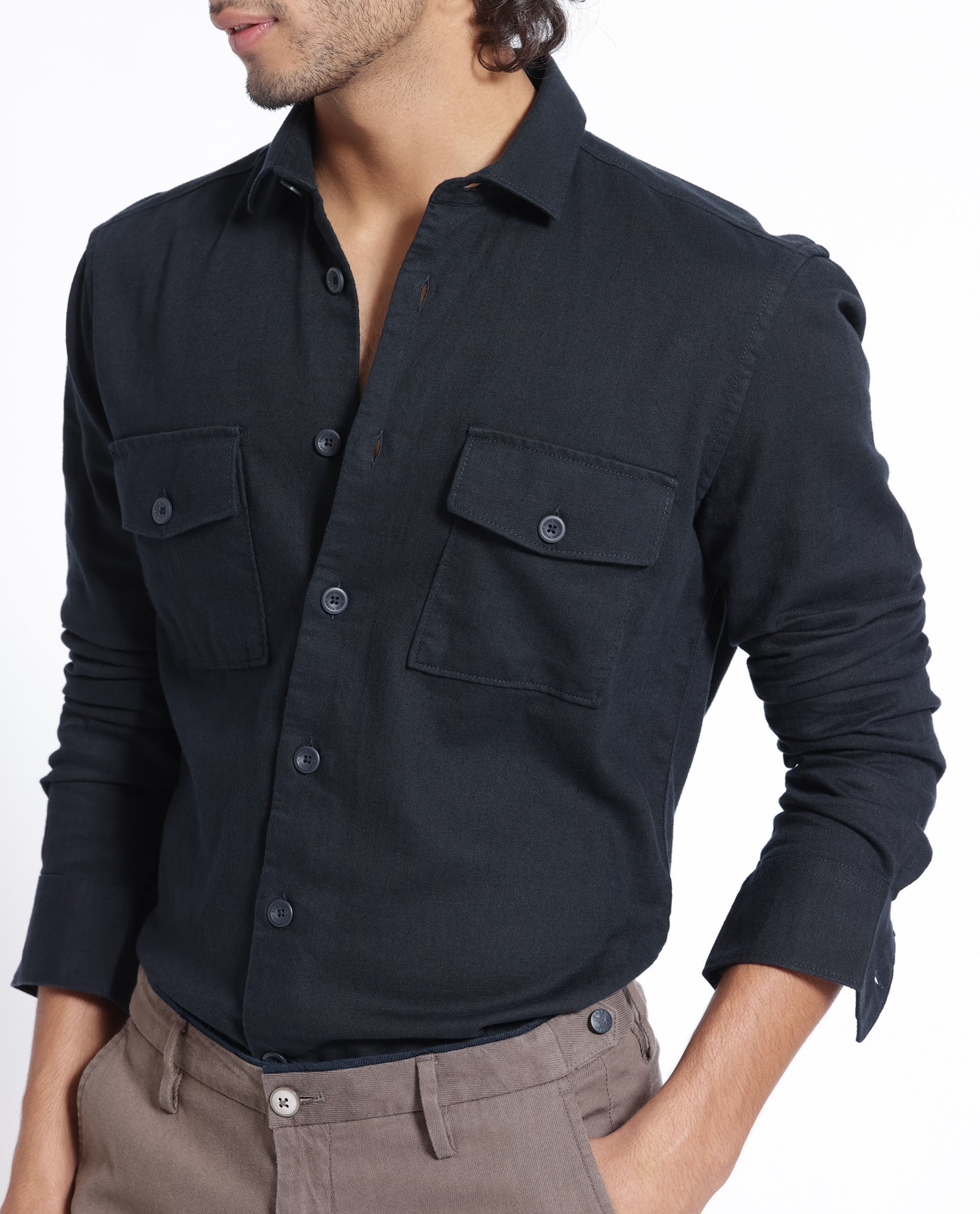 Rare Rabbit Men's Lang Navy Cotton Linen Fabric Full Sleeves Solid Shirt