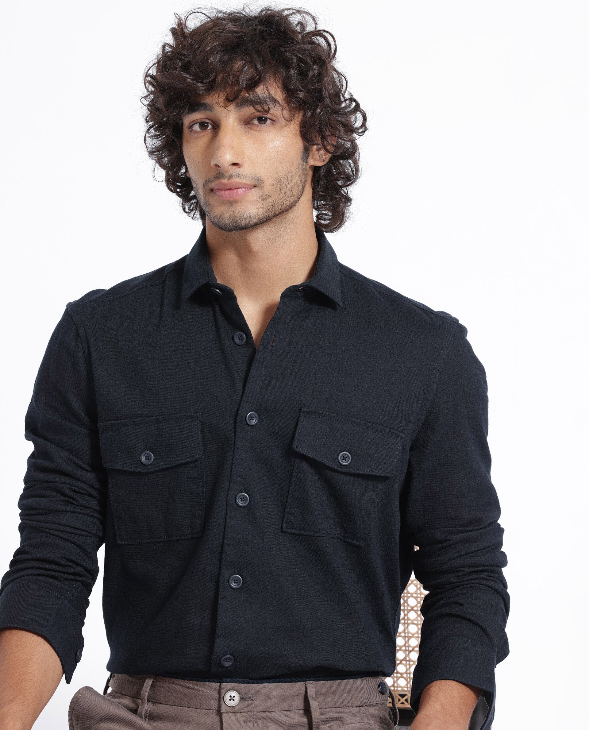 Rare Rabbit Men's Lang Navy Cotton Linen Fabric Full Sleeves Solid Shirt