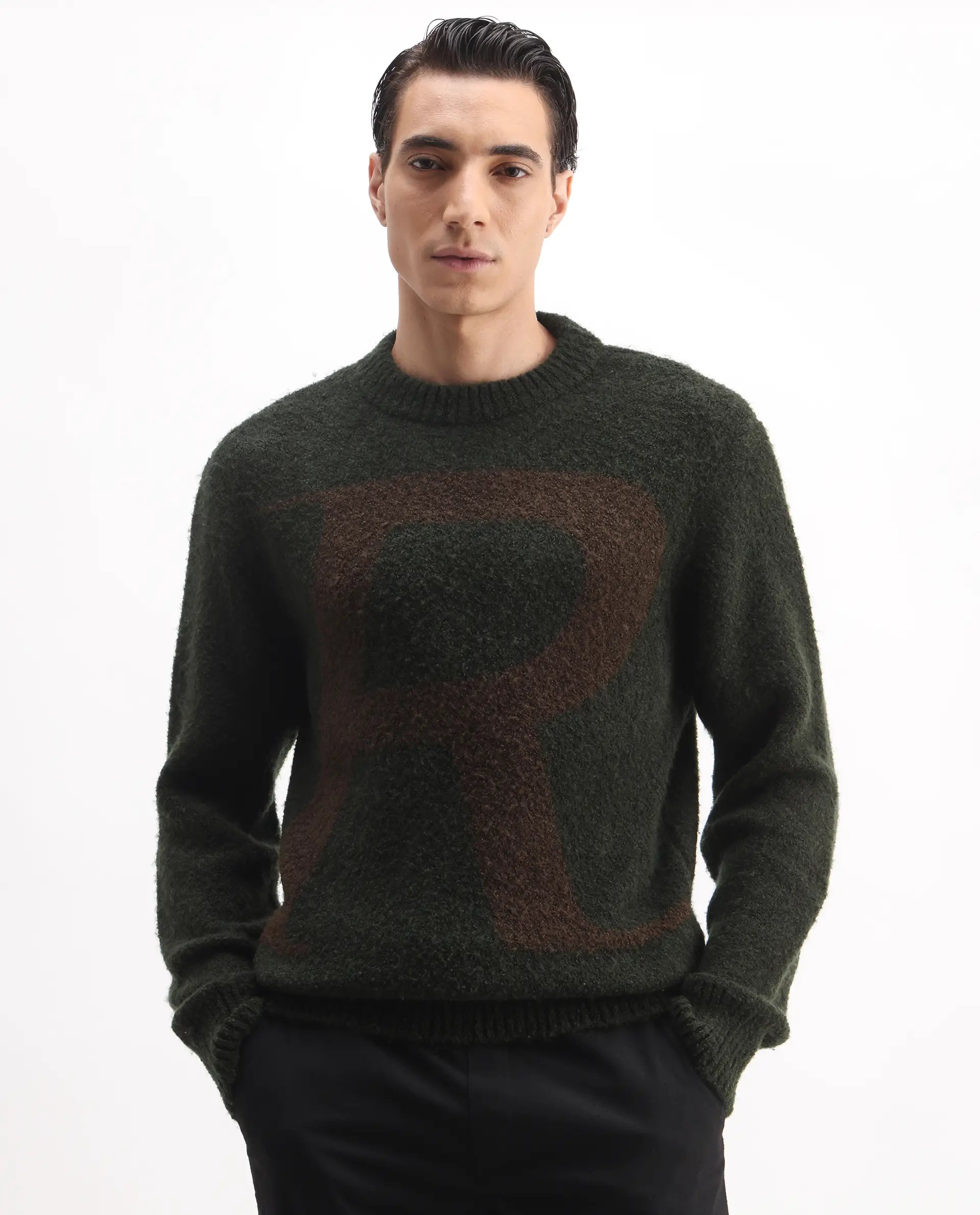 Rare Rabbit Men's Lang Dark Olive Cotton Printed Regular Fit Full Sleeve Crew Neck Sweater