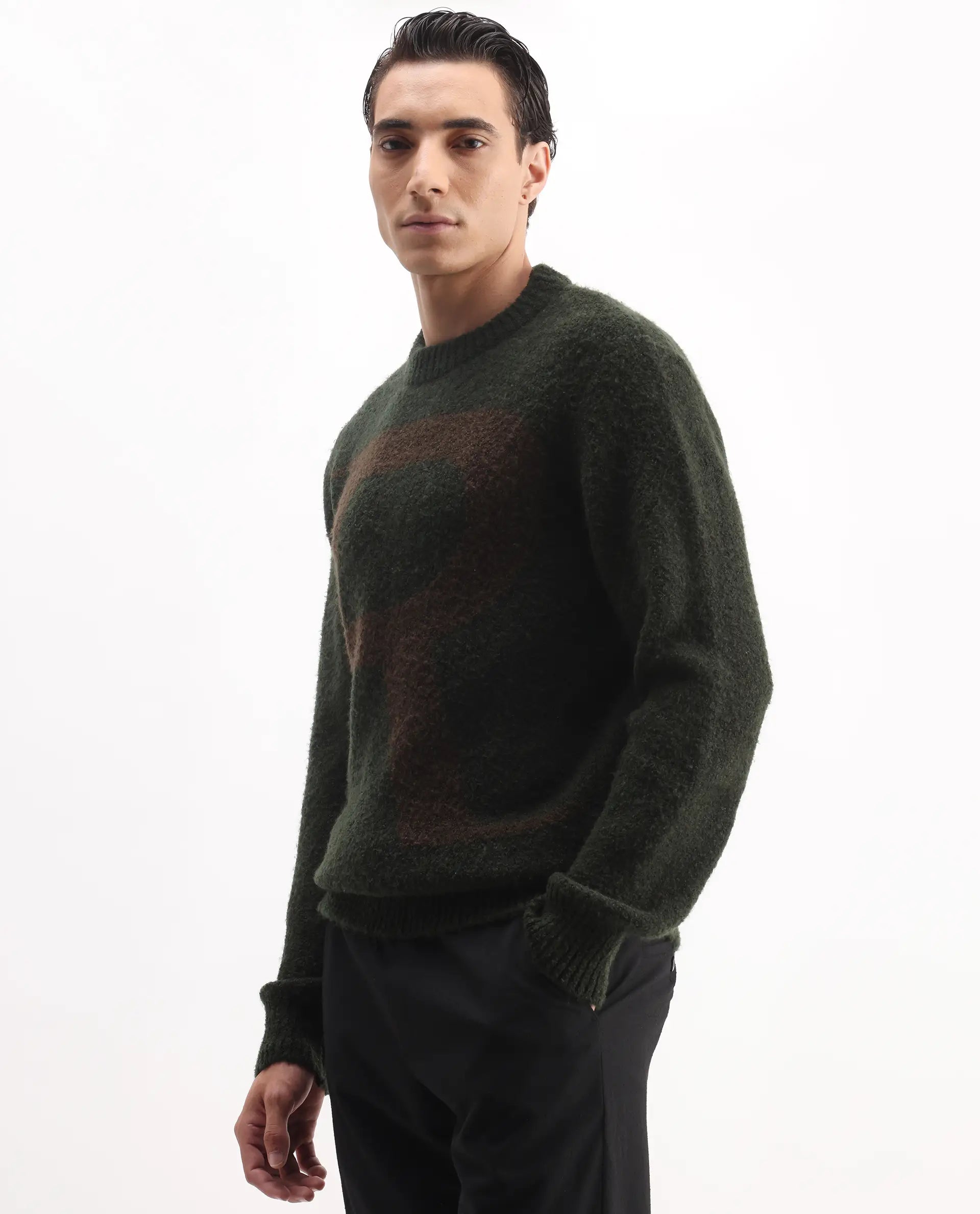 Rare Rabbit Men's Lang Dark Olive Cotton Printed Regular Fit Full Sleeve Crew Neck Sweater