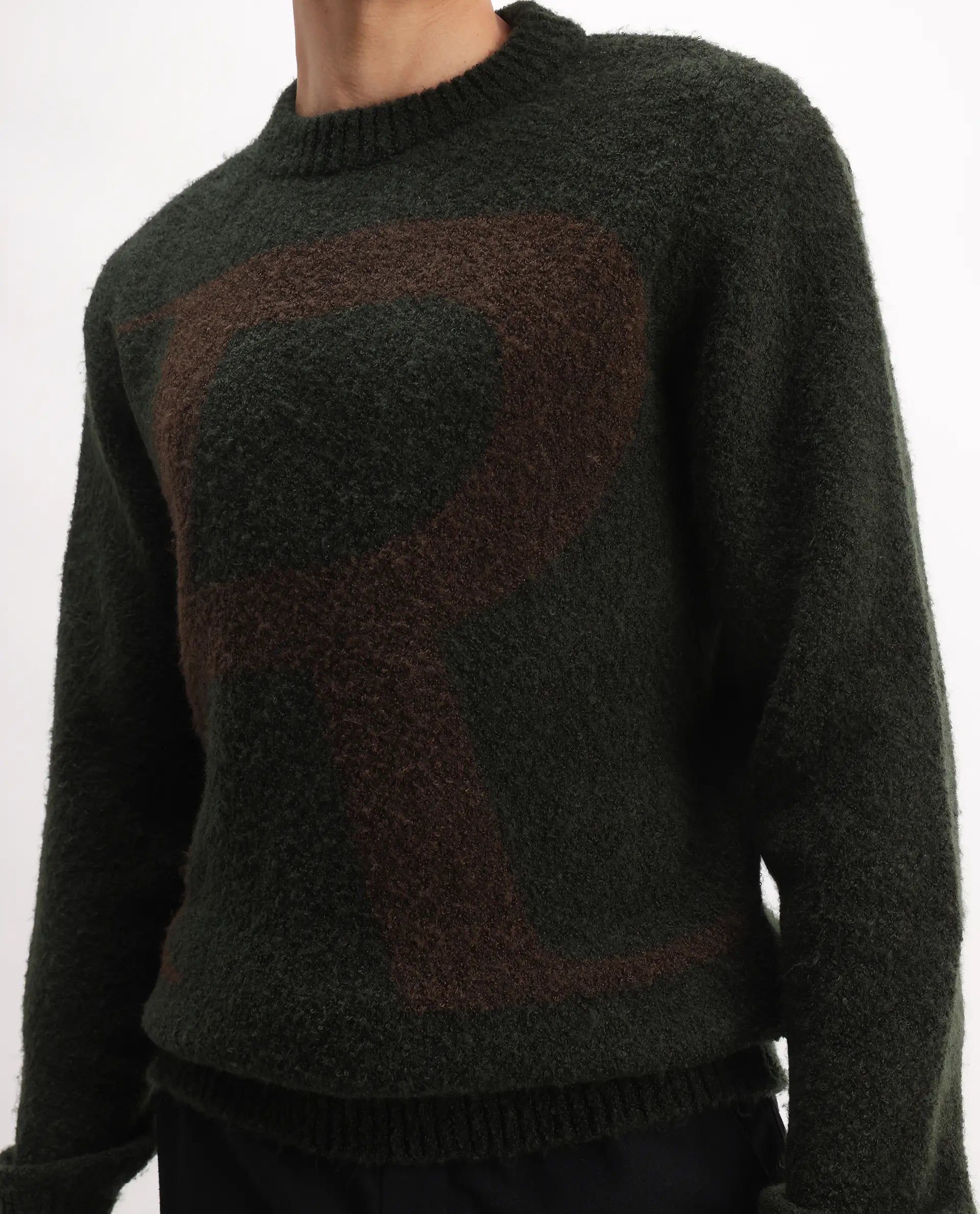 Rare Rabbit Men's Lang Dark Olive Cotton Printed Regular Fit Full Sleeve Crew Neck Sweater