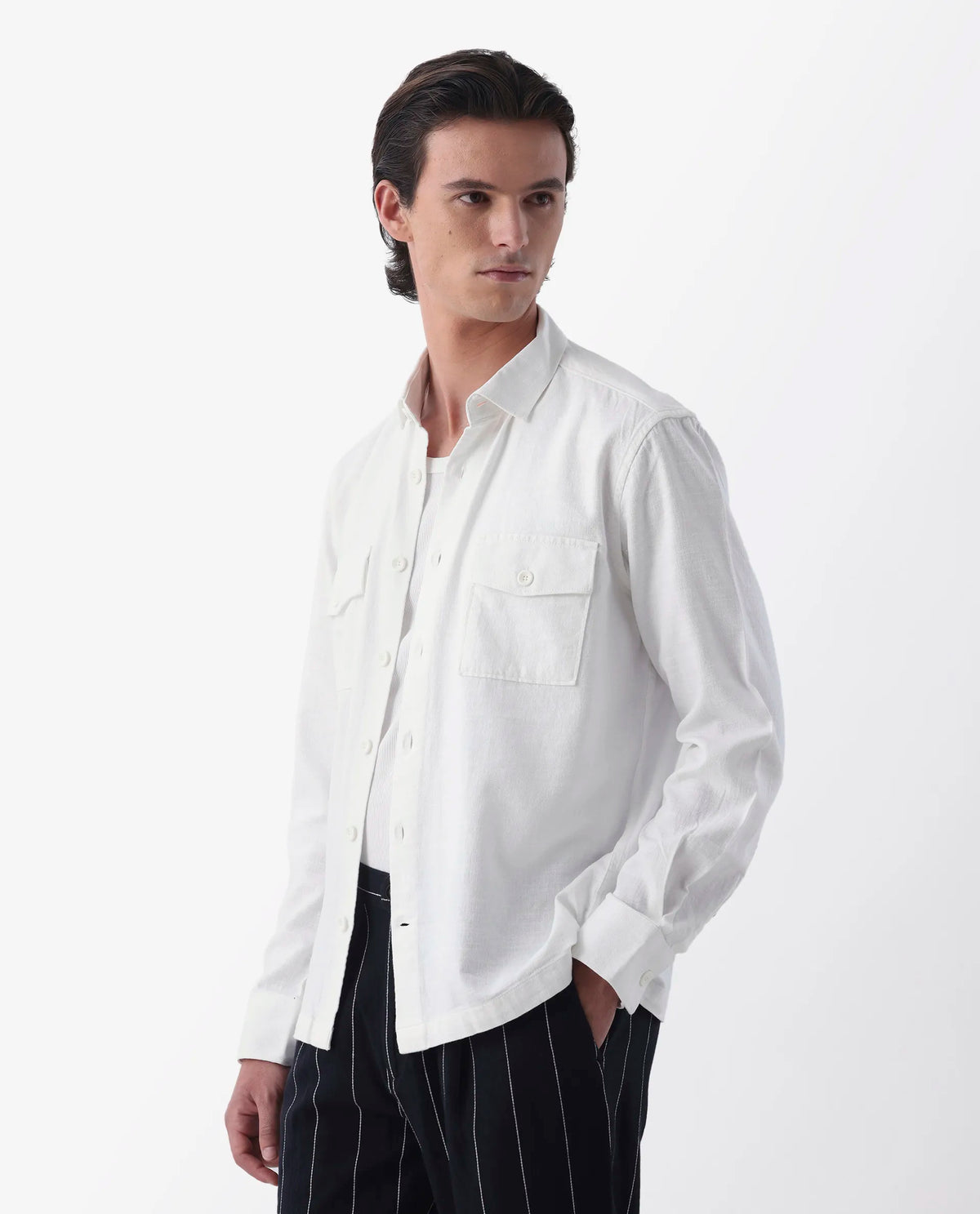 Rare Rabbit Men's Lang White Linen Blend Plain Regular Fit Full Sleeve Spread Collar Shirt
