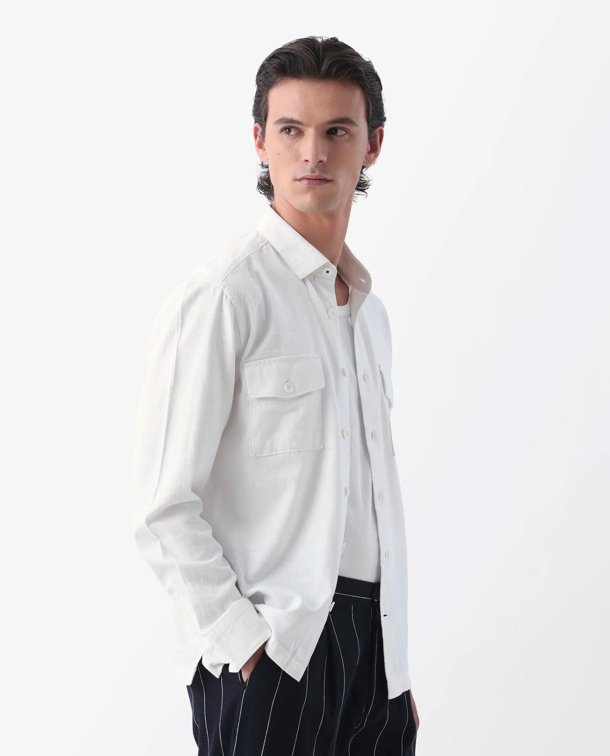 Rare Rabbit Men's Lang White Linen Blend Plain Regular Fit Full Sleeve Spread Collar Shirt