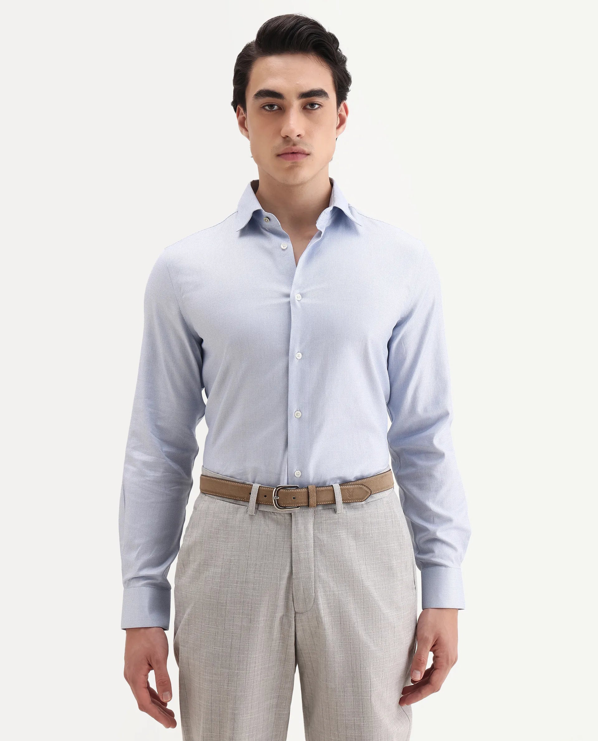 Rare Rabbit Men's Lanic-25 Blue Cotton Textured Regular Fit Full Sleeve Collared Shirt
