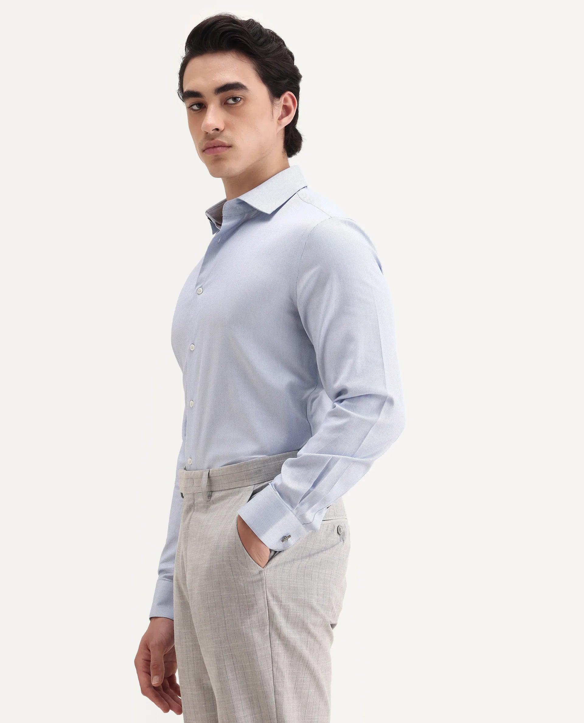Rare Rabbit Men's Lanic-25 Blue Cotton Textured Regular Fit Full Sleeve Collared Shirt