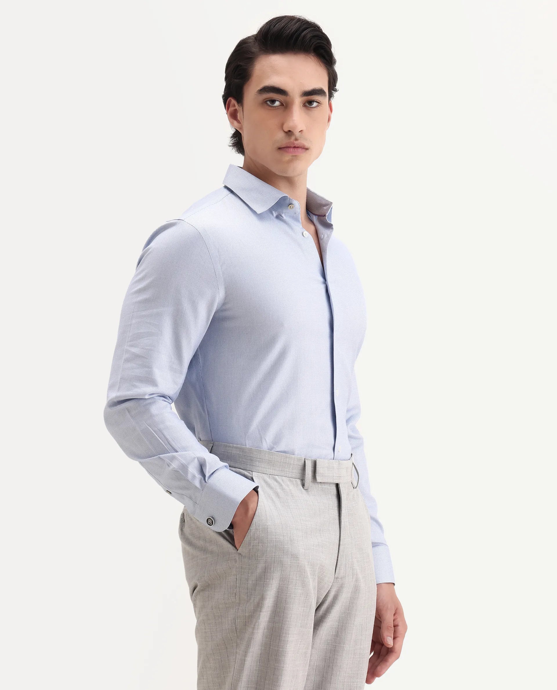 Rare Rabbit Men's Lanic-25 Blue Cotton Textured Regular Fit Full Sleeve Collared Shirt