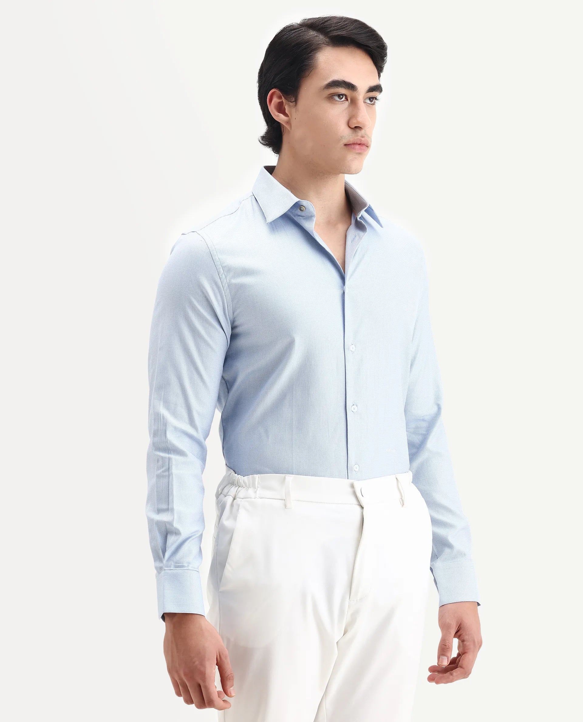 Rare Rabbit Men's Lanic Light Blue Cotton Textured Regular Fit Full Sleeve Collared Shirt