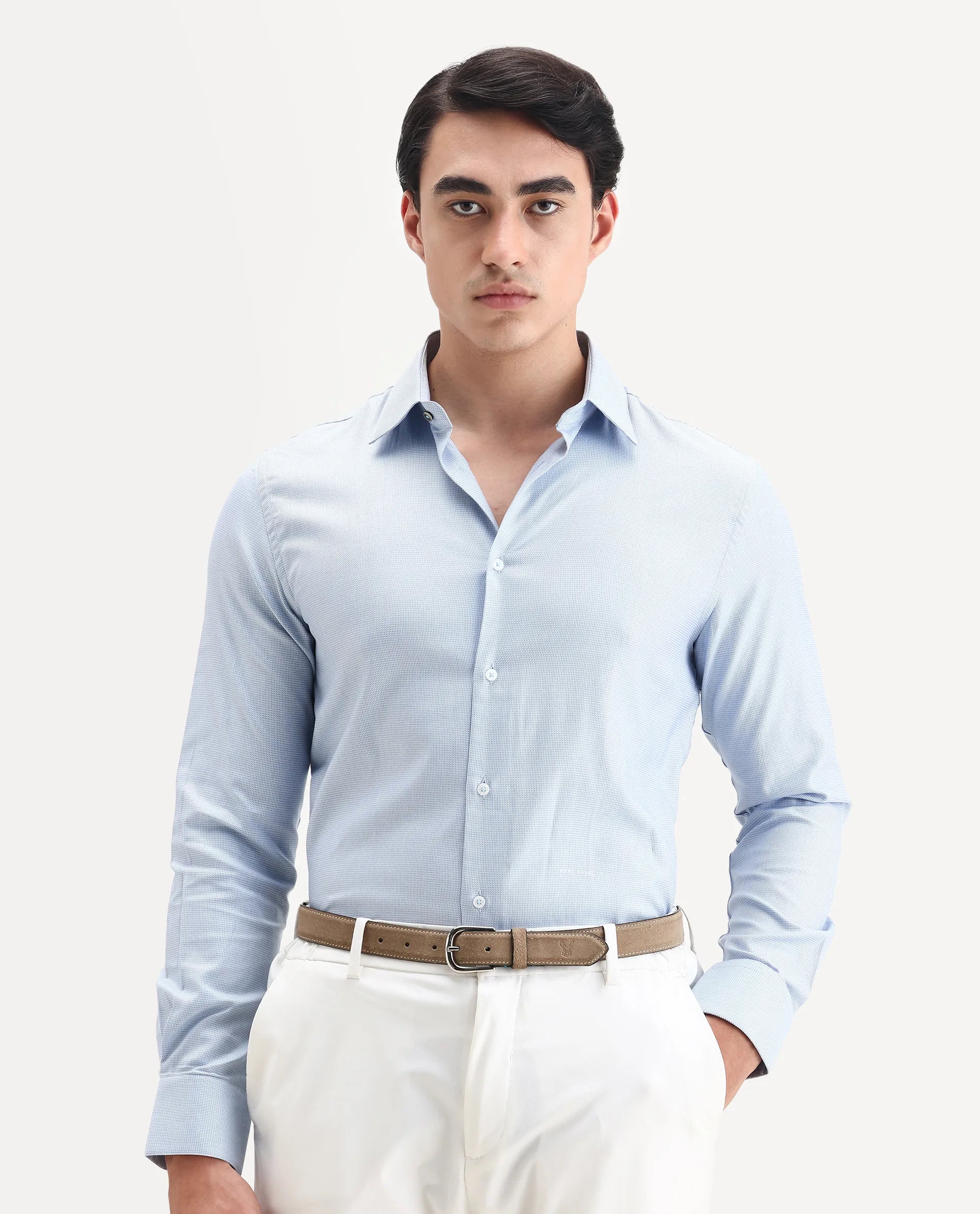 Rare Rabbit Men's Lanic Light Blue Cotton Textured Regular Fit Full Sleeve Collared Shirt