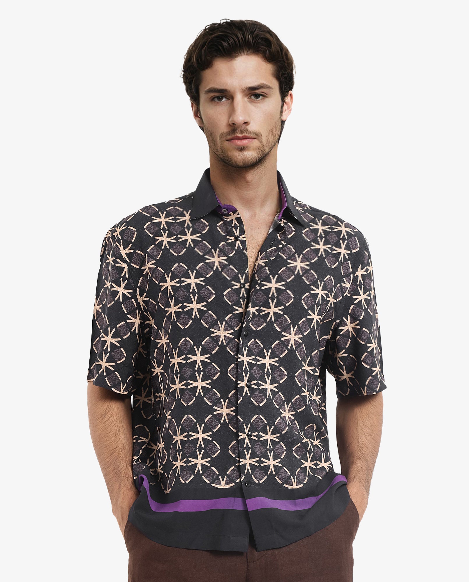 Rare Rabbit Men's Lanre Black Viscose Fabric Short Sleeve Boxy Fit Geometric Print Shirt