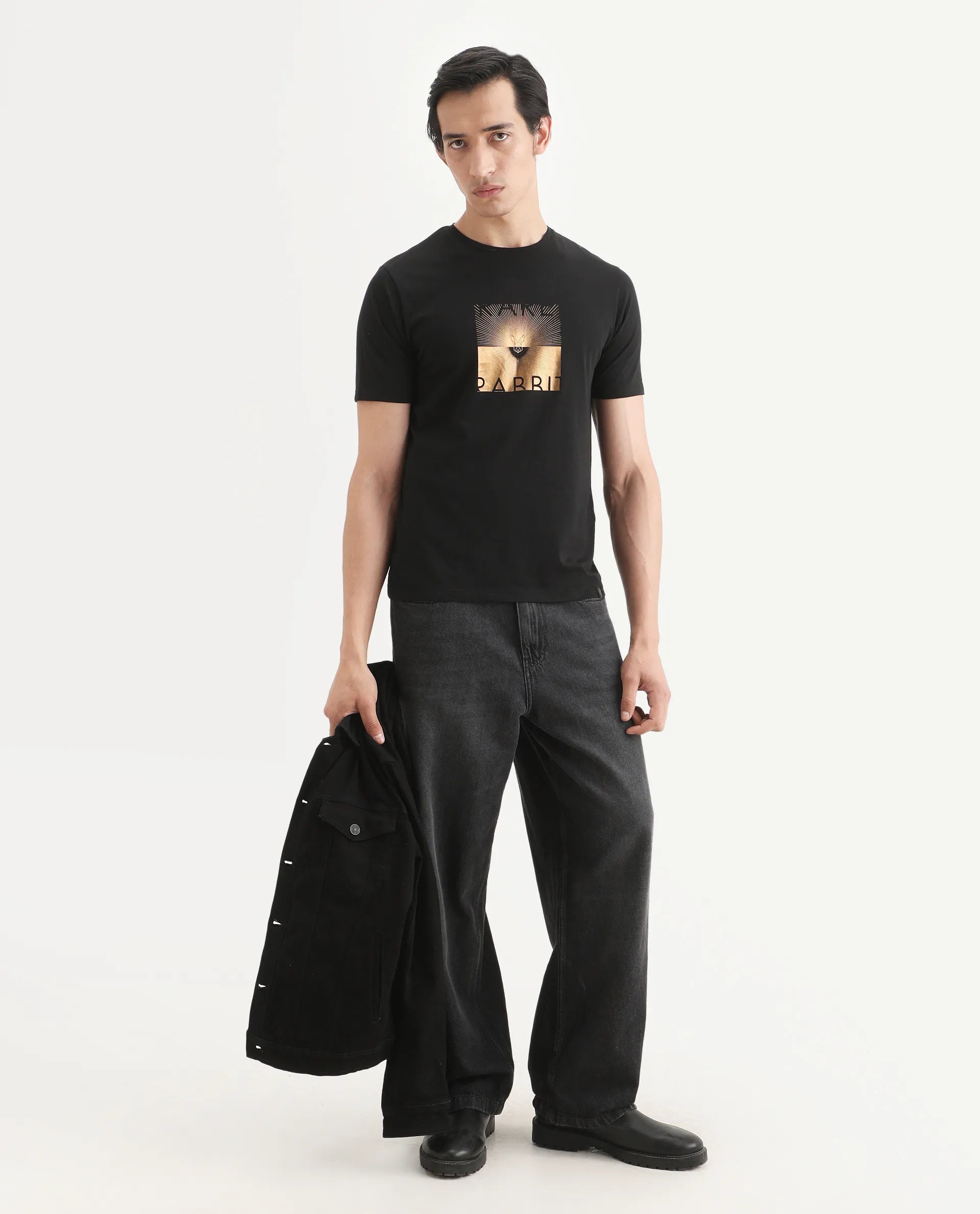 Rare Rabbit Men's Lant Black Cotton Blend Fabric Half Sleeve Crew Neck Regular Fit Graphic Print T-Shirt