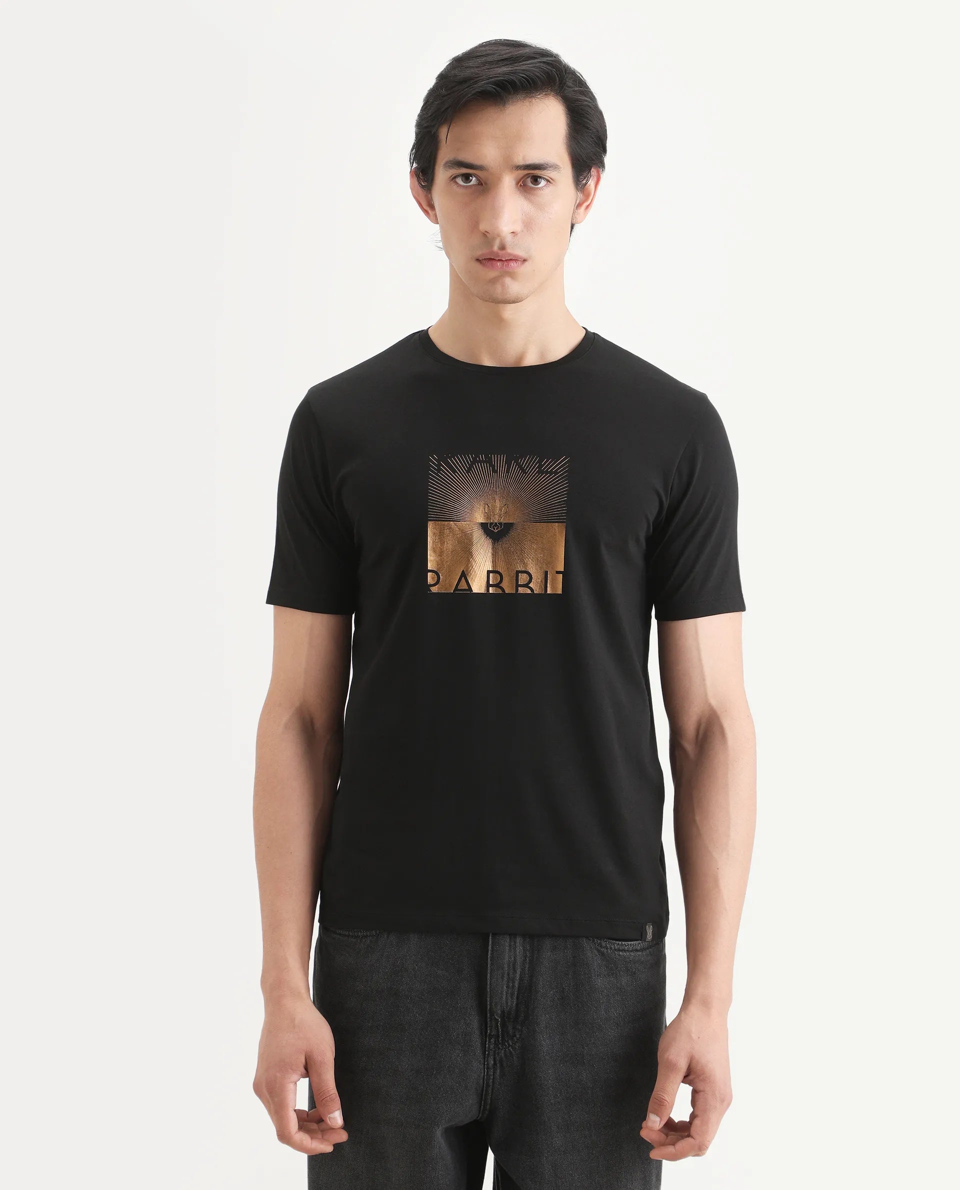 Rare Rabbit Men's Lant Black Cotton Blend Fabric Half Sleeve Crew Neck Regular Fit Graphic Print T-Shirt