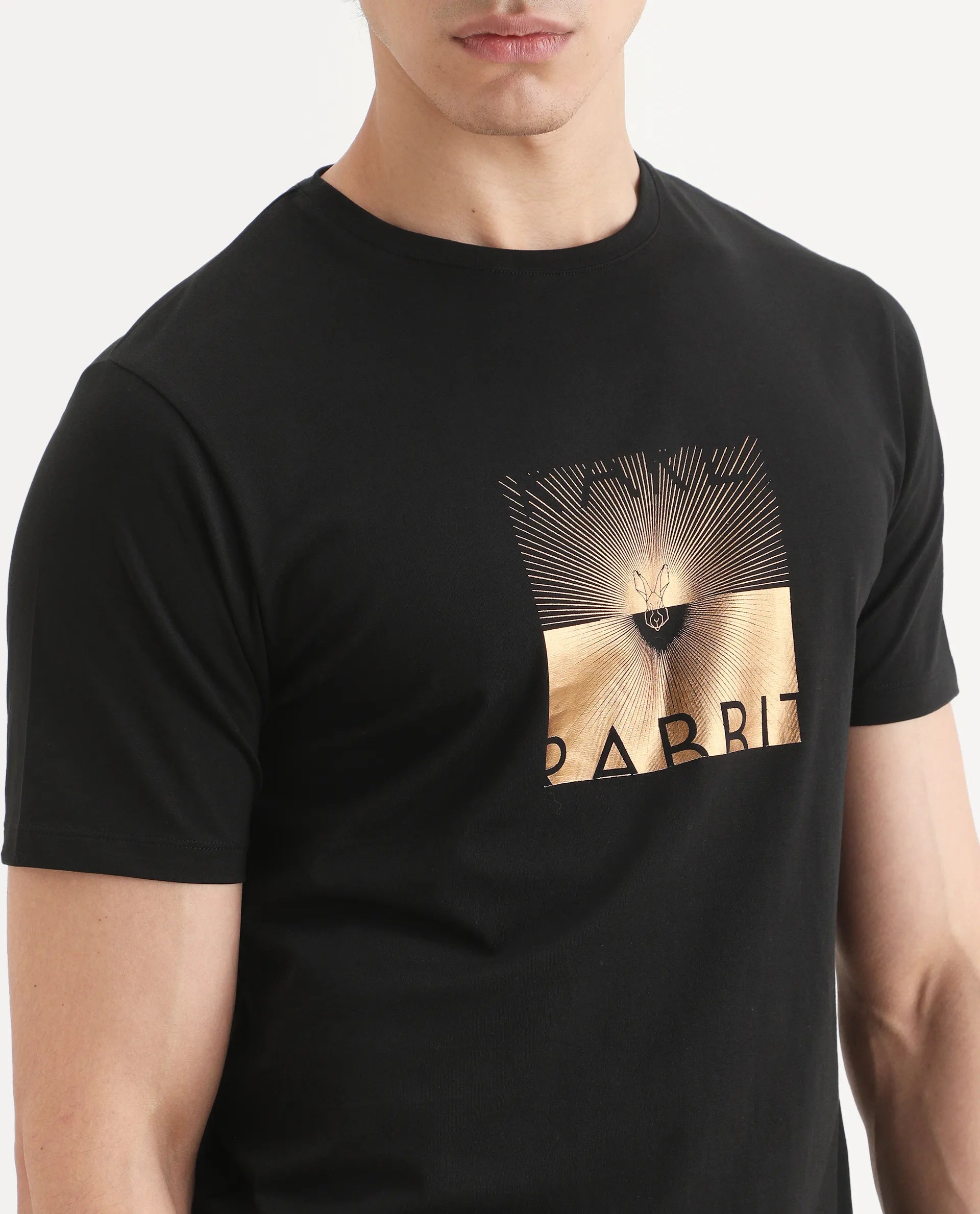Rare Rabbit Men's Lant Black Cotton Blend Fabric Half Sleeve Crew Neck Regular Fit Graphic Print T-Shirt