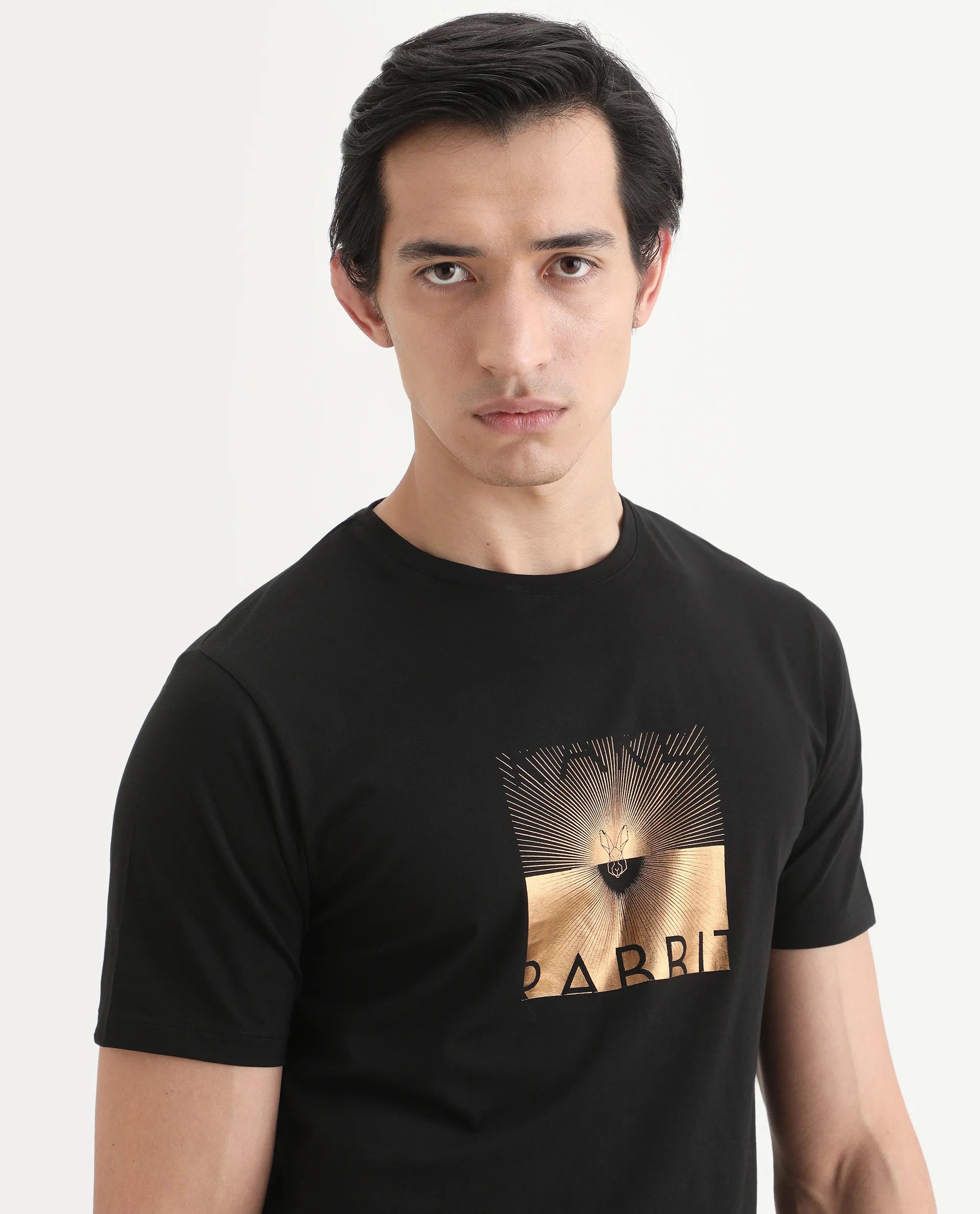 Rare Rabbit Men's Lant Black Cotton Blend Fabric Half Sleeve Crew Neck Regular Fit Graphic Print T-Shirt