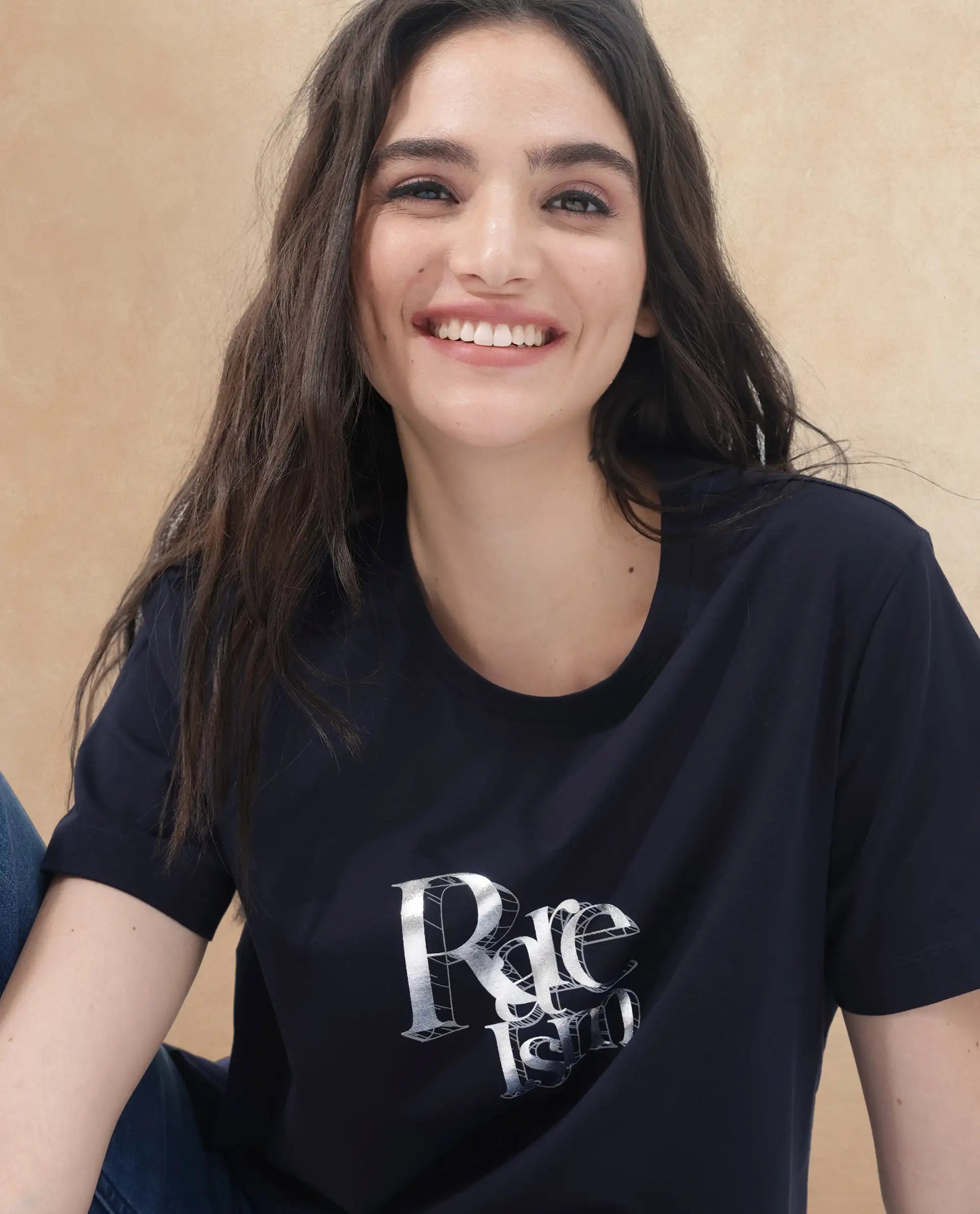 Rareism Women Lany Dark Navy Cotton Elastane Fabric Crew Neck Knit Solid T-Shirt