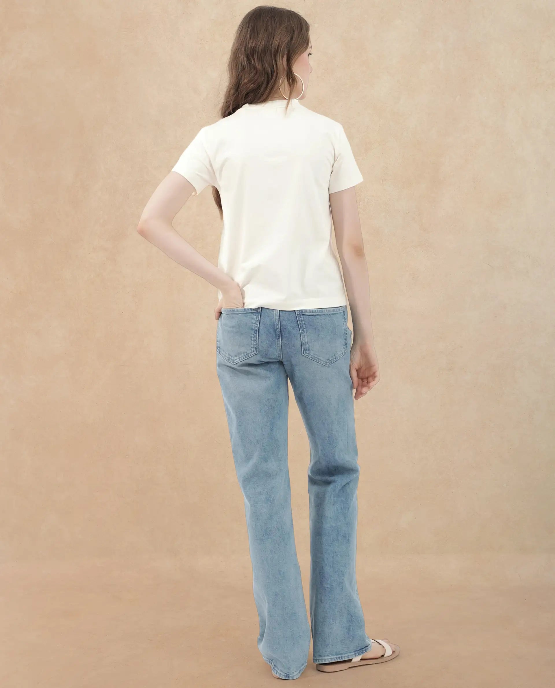 Rareism Women's Lany Off White Cotton Blend Crew Neck Graphic Print Regular Fit T-Shirt