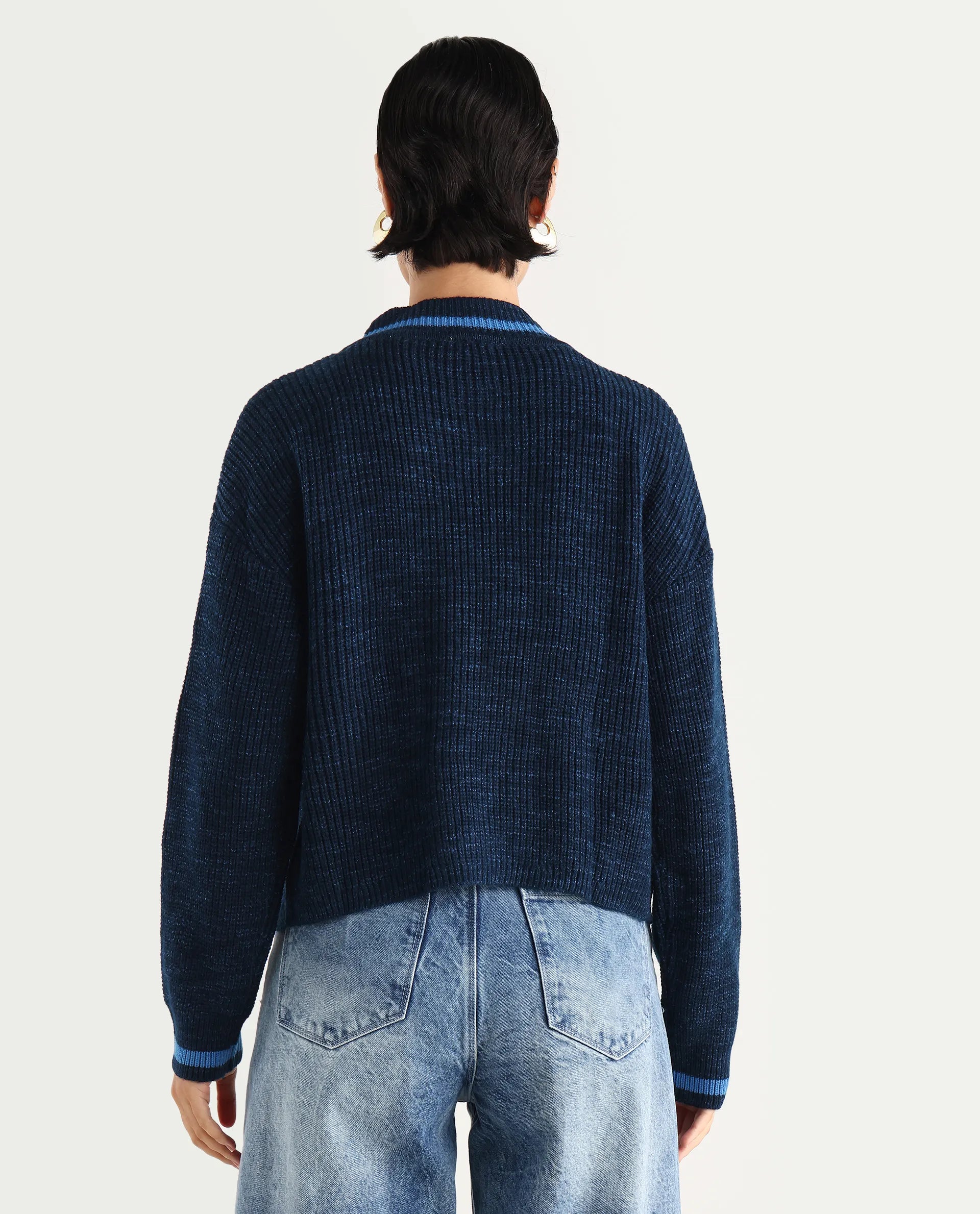 Rareism Women's Lapez Navy Overlap Neck Plain Relaxed Fit Shrug