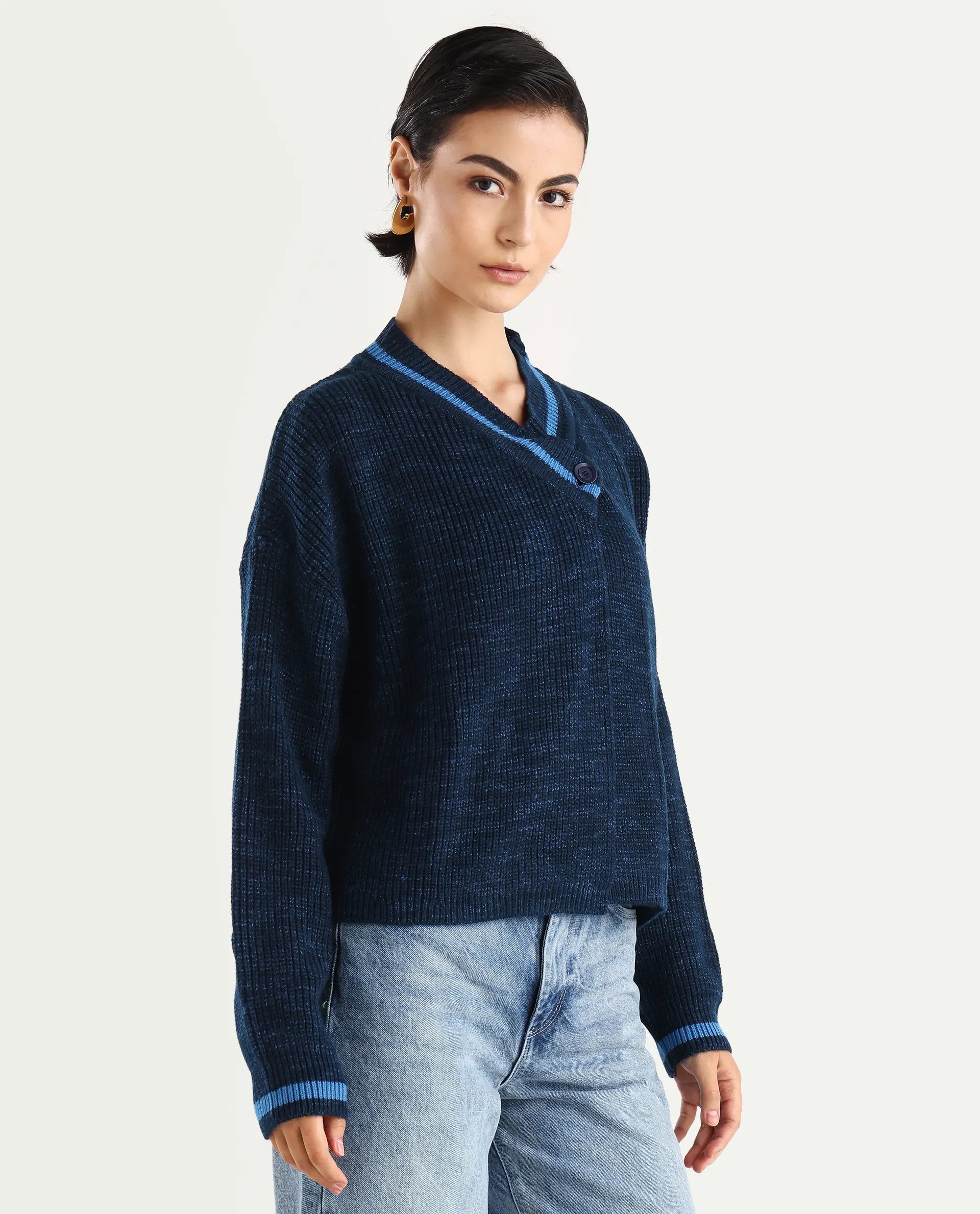 Rareism Women's Lapez Navy Overlap Neck Plain Relaxed Fit Shrug