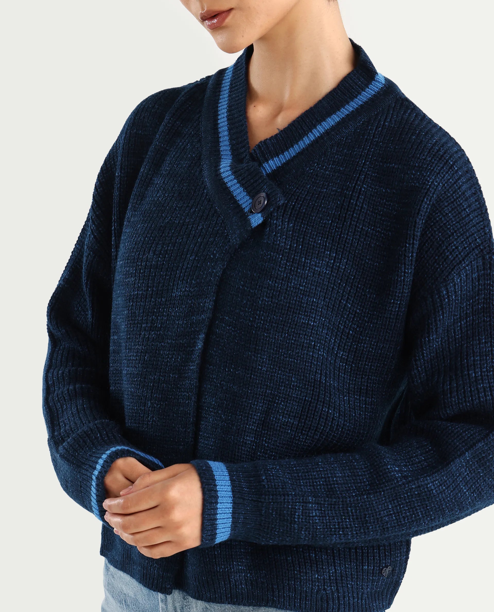 Rareism Women's Lapez Navy Overlap Neck Plain Relaxed Fit Shrug