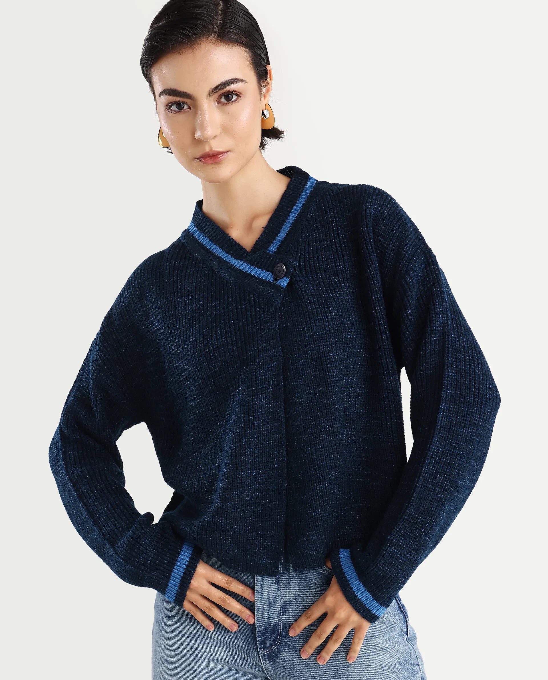 Rareism Women's Lapez Navy Overlap Neck Plain Relaxed Fit Shrug