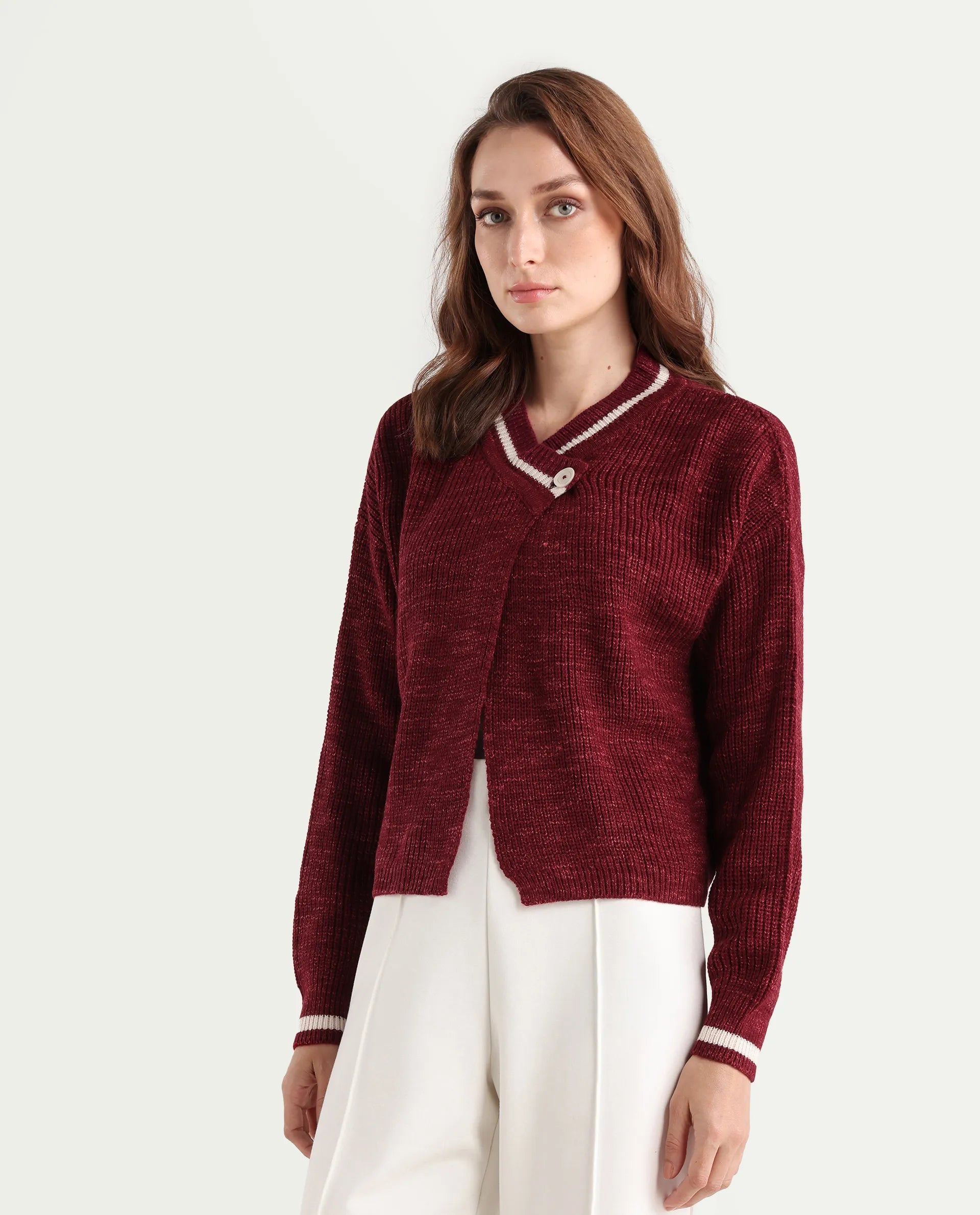 Rareism Women's Lapez Red Overlap Neck Plain Relaxed Fit Shrug