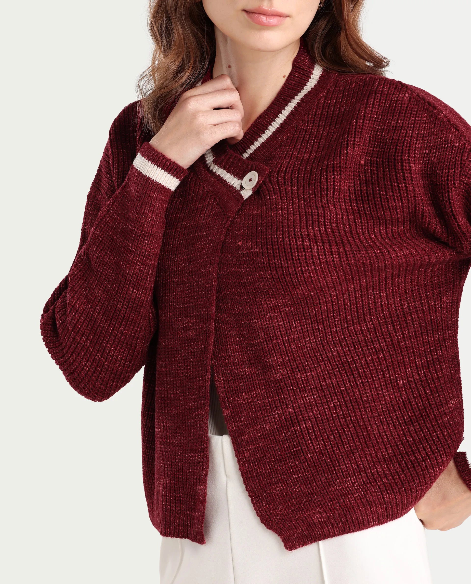 Rareism Women's Lapez Red Overlap Neck Plain Relaxed Fit Shrug