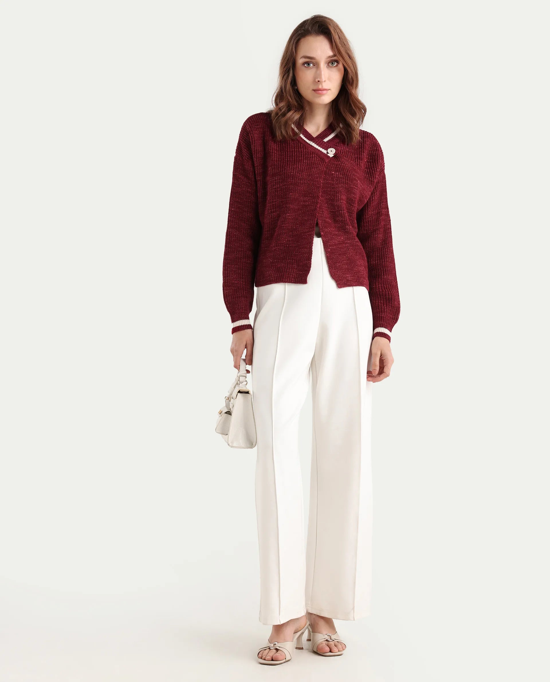 Rareism Women's Lapez Red Overlap Neck Plain Relaxed Fit Shrug