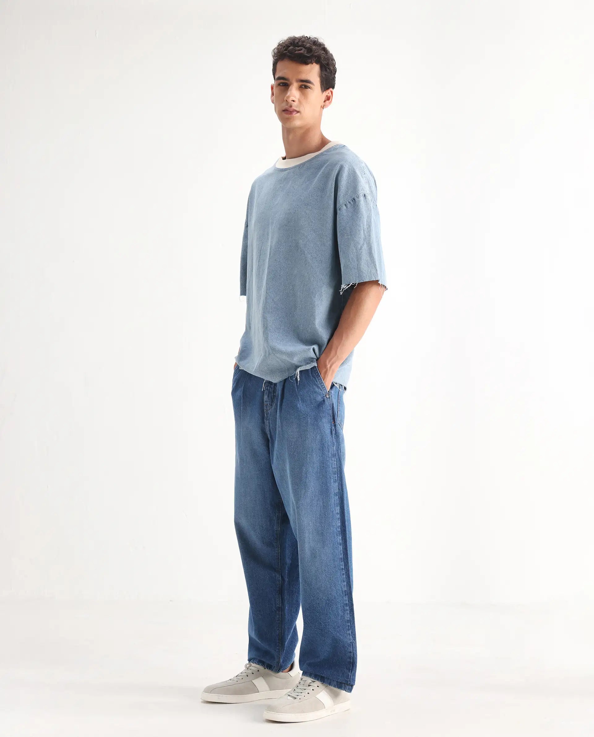 Rare Rabbit Men's Lar Blue Cotton Plain Baggy Fit Jeans