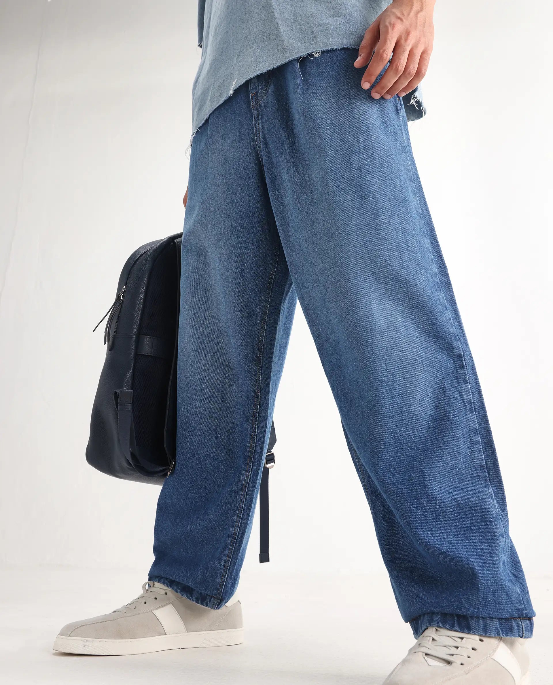 Rare Rabbit Men's Lar Blue Cotton Plain Baggy Fit Jeans