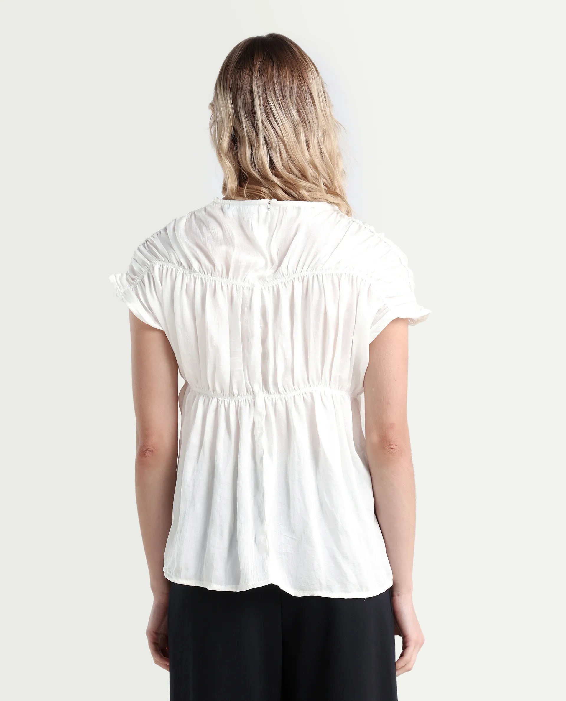 Rareism Women's Larissa Dark White Polyester Boat Neck Plain Extended Sleeves Regular Fit Top