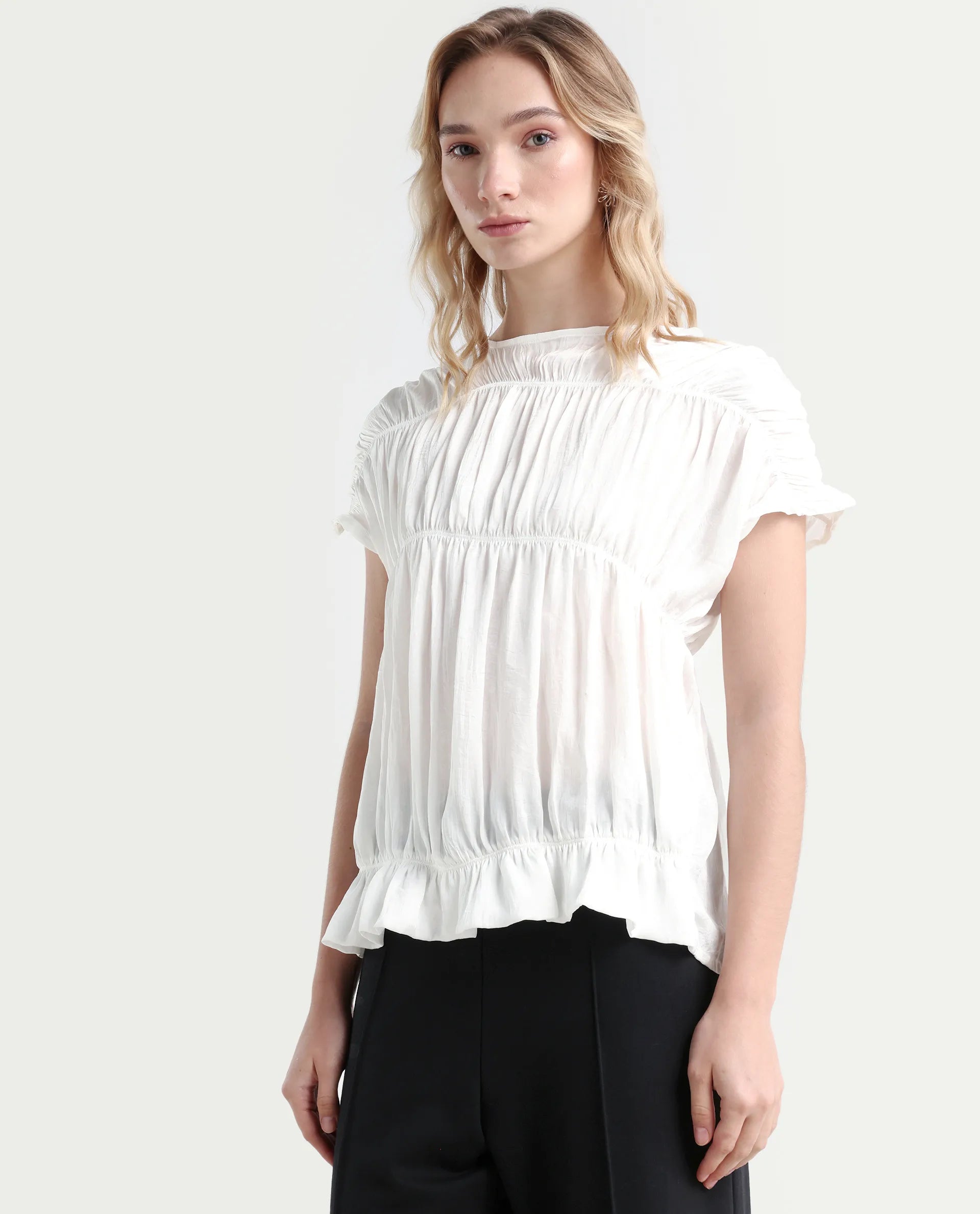 Rareism Women's Larissa Dark White Polyester Boat Neck Plain Extended Sleeves Regular Fit Top