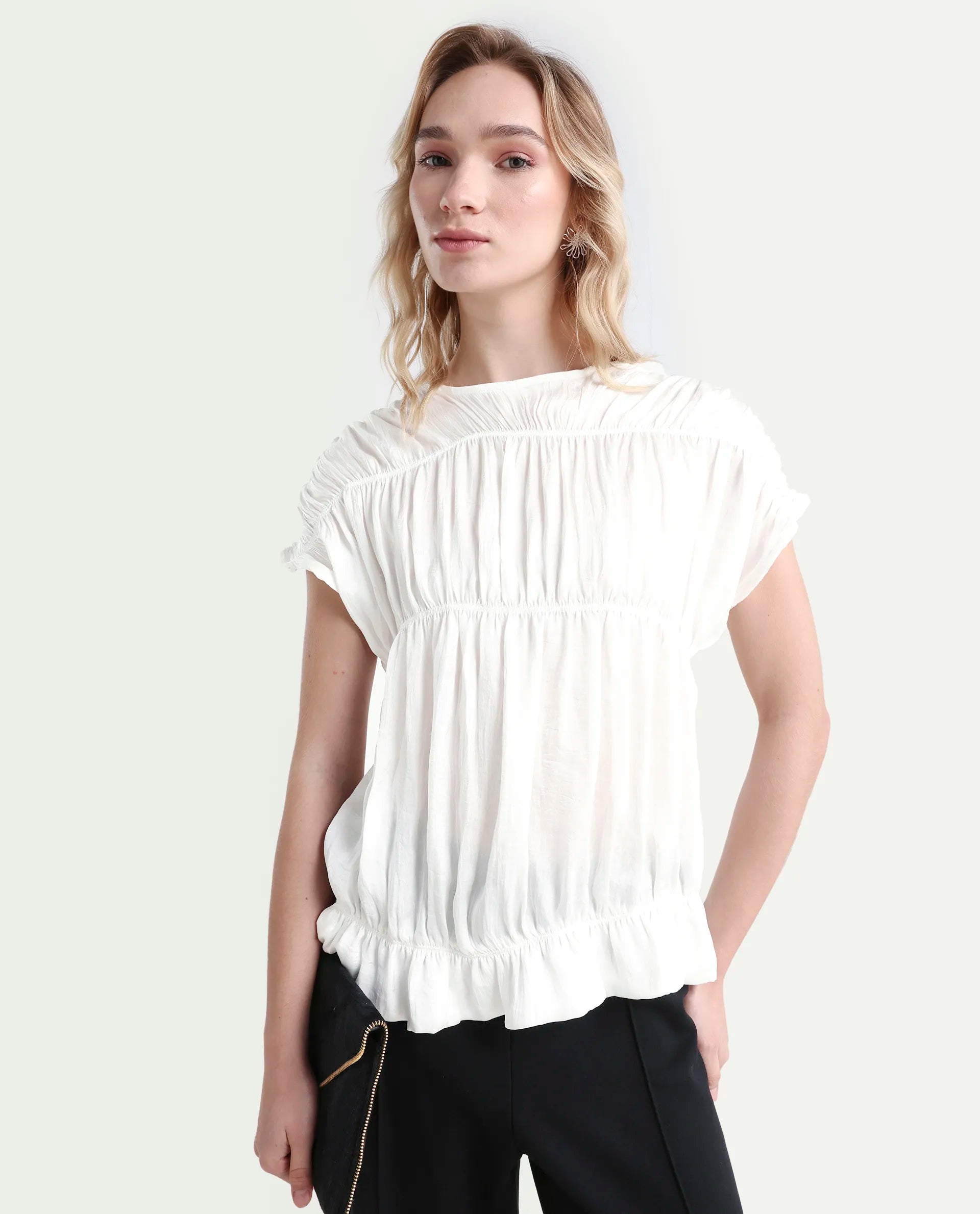 Rareism Women's Larissa Dark White Polyester Boat Neck Plain Extended Sleeves Regular Fit Top