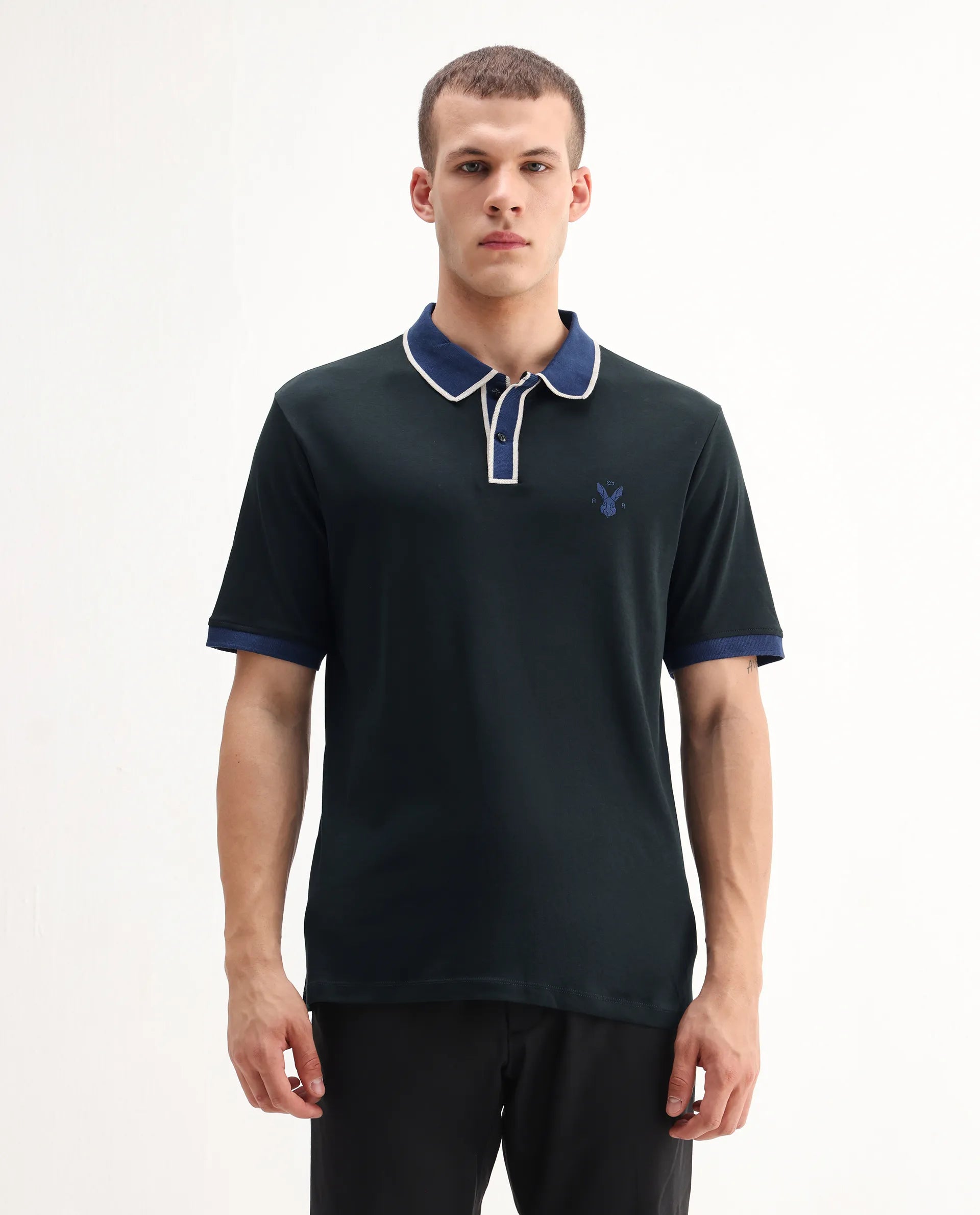 Rare Rabbit Men's Lark Dark Green Cotton Plain Regular Fit Half Sleeve Polo