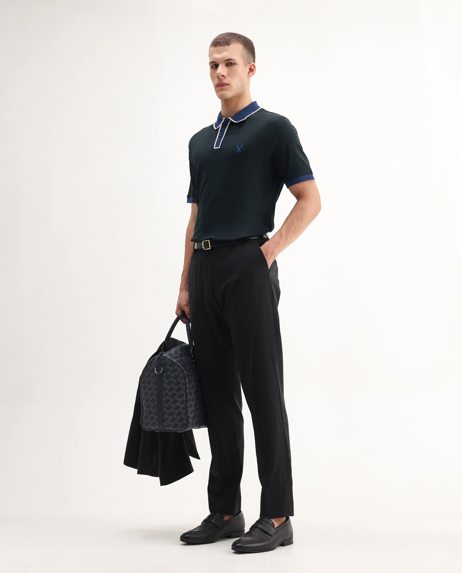 Rare Rabbit Men's Lark Dark Green Cotton Plain Regular Fit Half Sleeve Polo