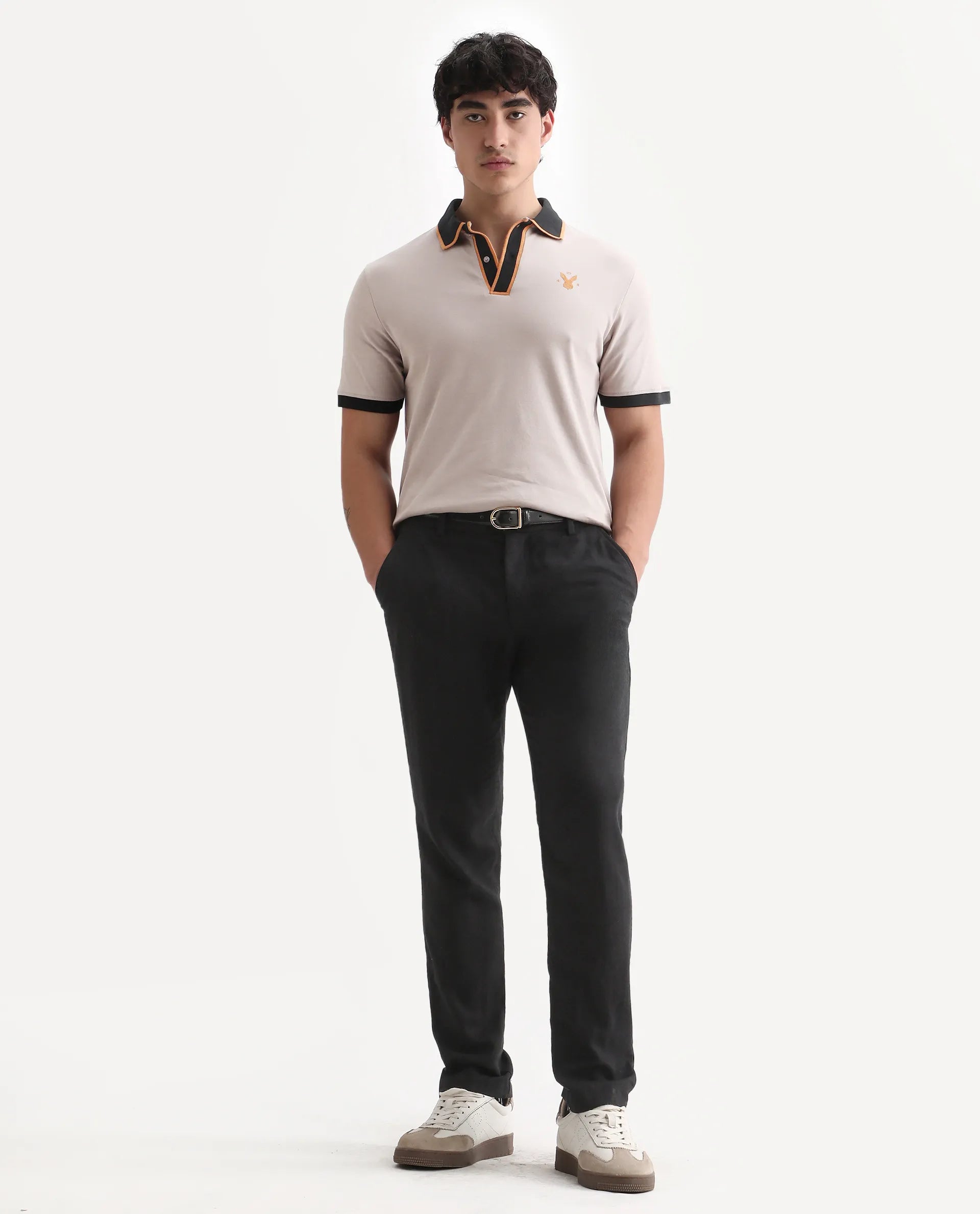 Rare Rabbit Men's Lark Dusky Beige Cotton Plain Regular Fit Half Sleeve Polo