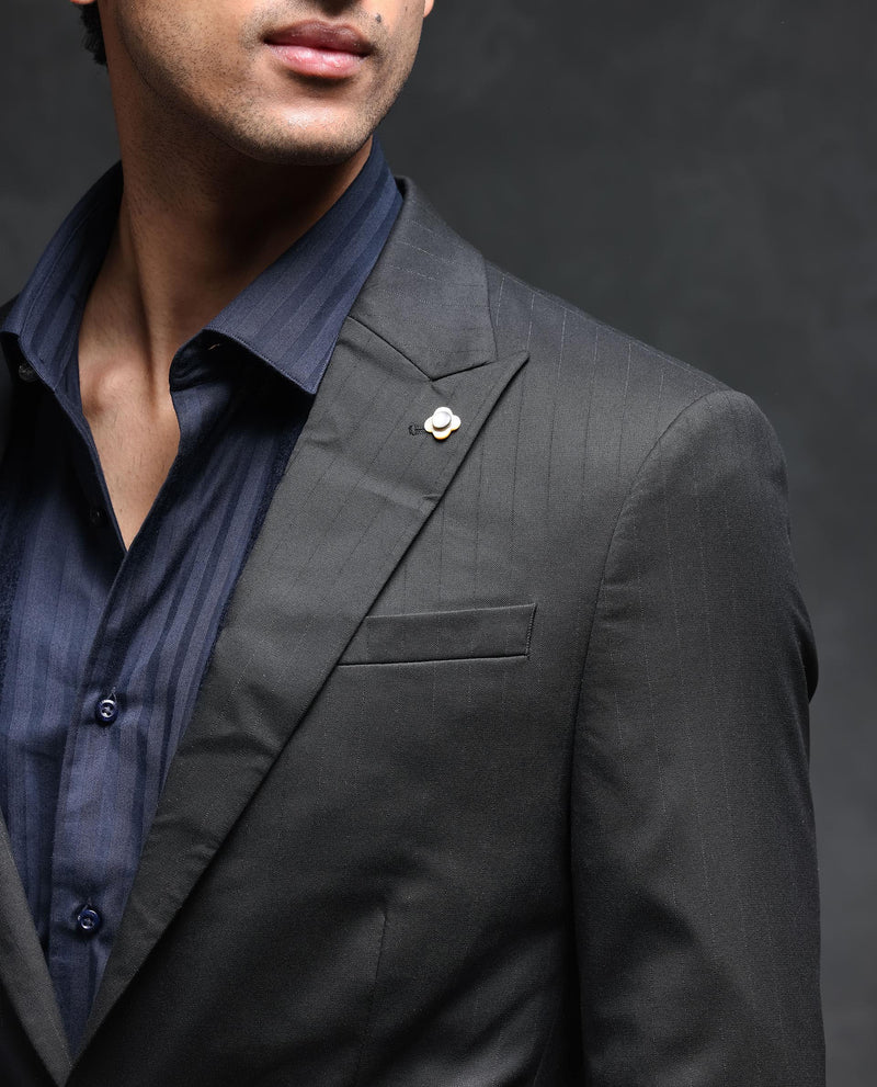 Rare Rabbit Men's Larkin Black Polyester Viscose Fabric Peak Lapel Button Closure Single Breasted Lurex Stripe Suits