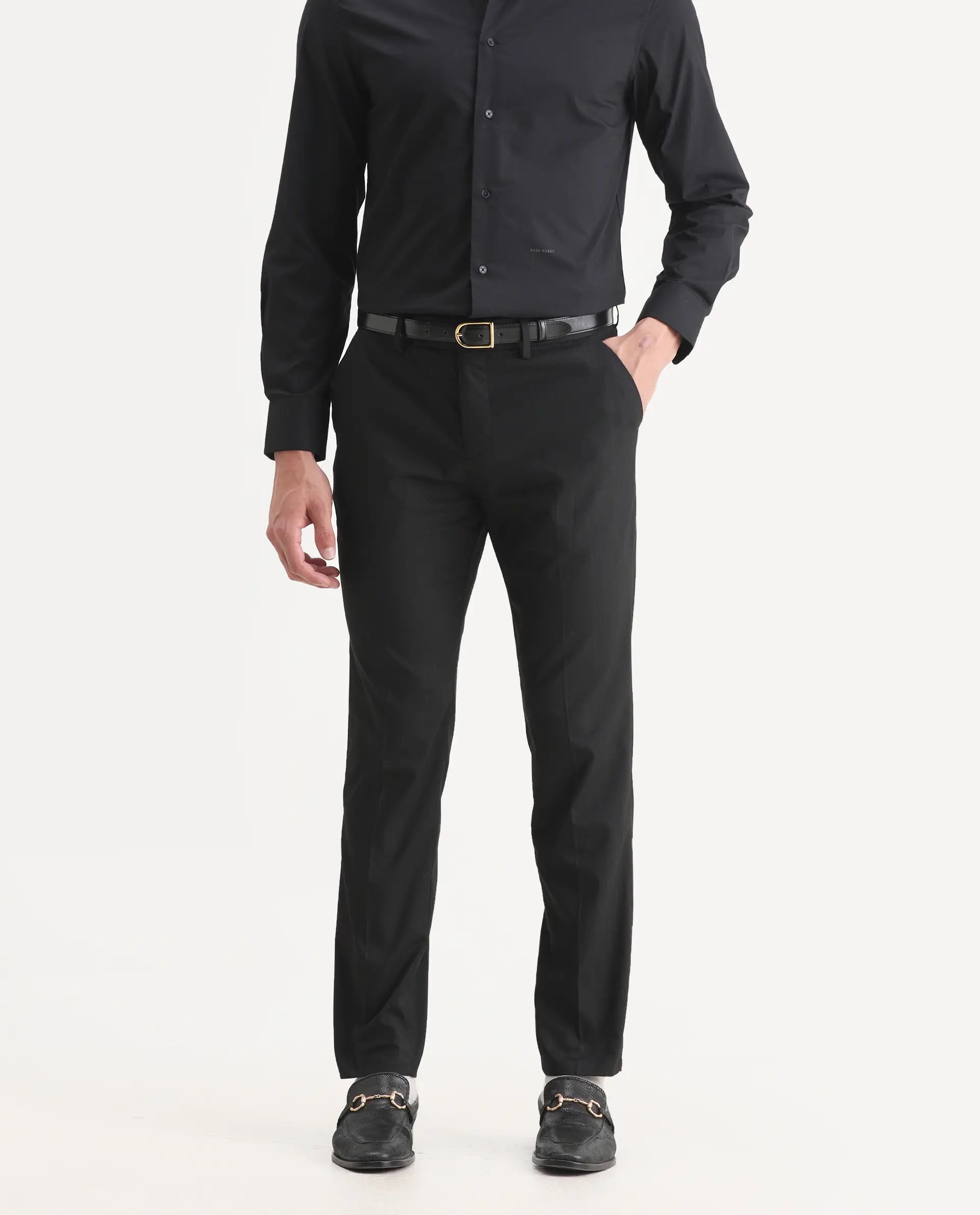 Rare Rabbit Men's Larkin Black Polyester Striped Print Tailored Fit Full Sleeve Lapel Neck Suits