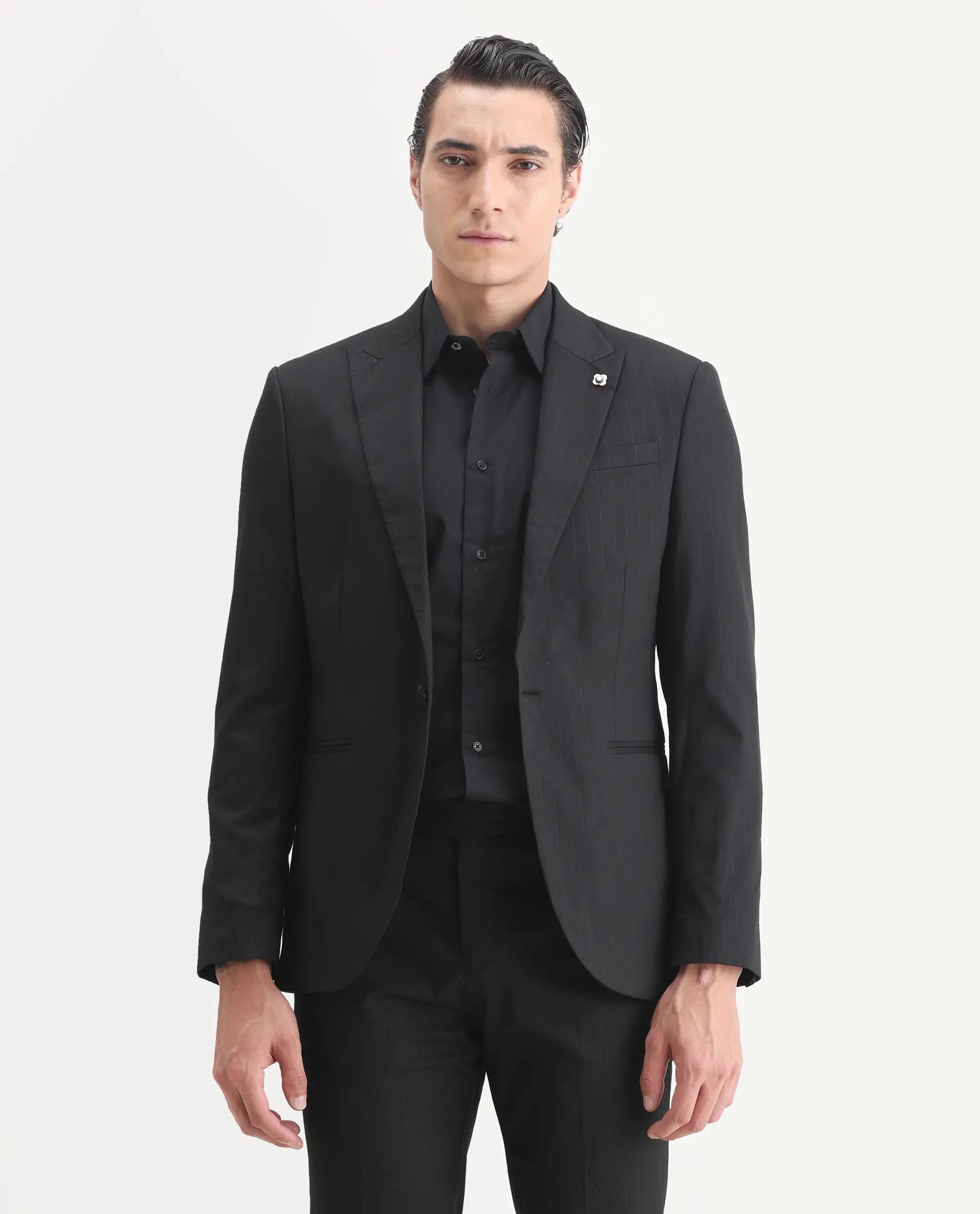 Rare Rabbit Men's Larkin Black Polyester Striped Print Tailored Fit Full Sleeve Lapel Neck Suits