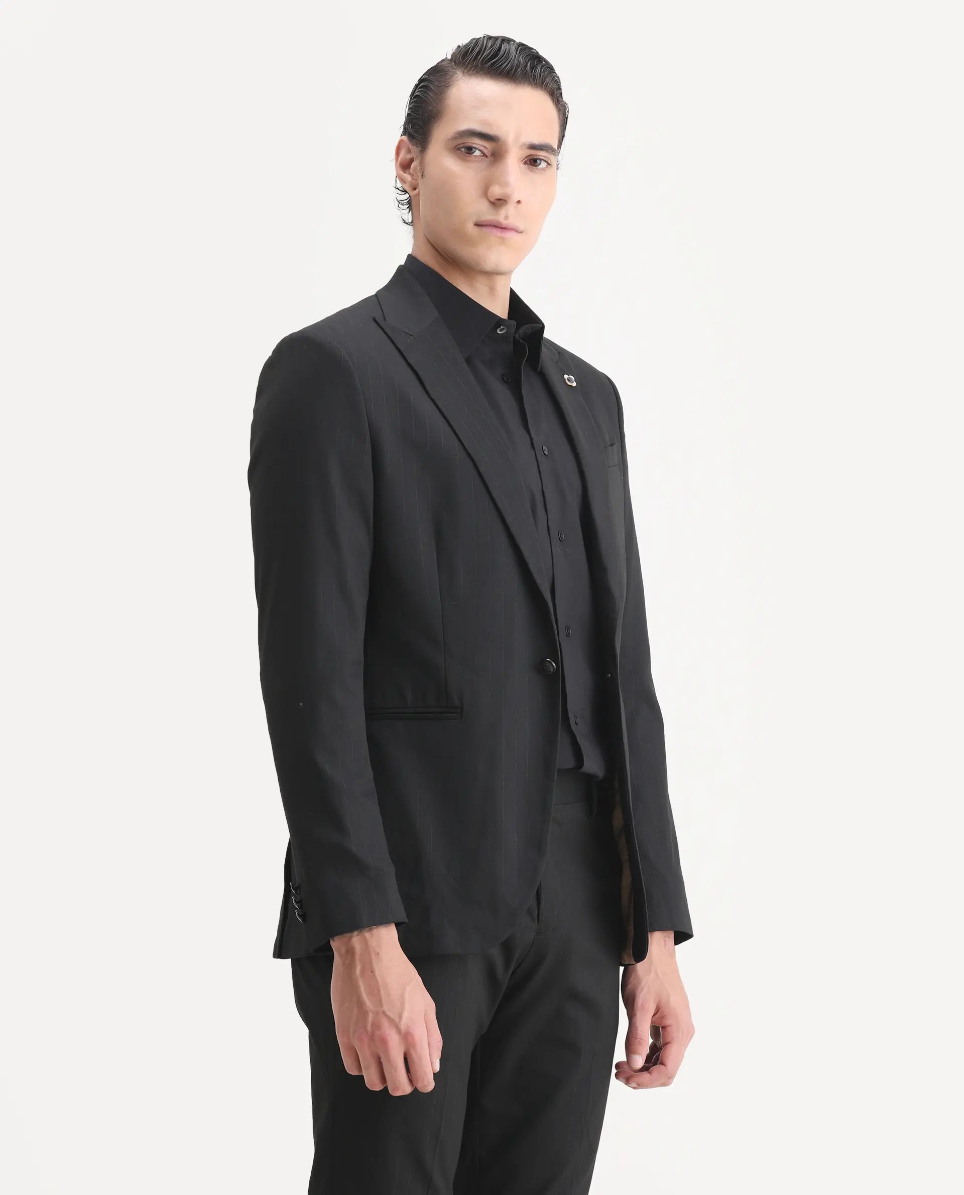 Rare Rabbit Men's Larkin Black Polyester Striped Print Tailored Fit Full Sleeve Lapel Neck Suits