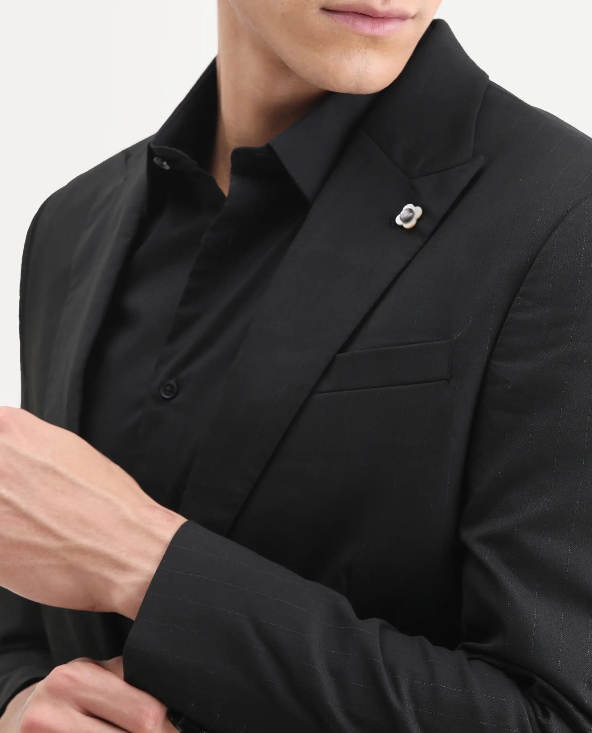 Rare Rabbit Men's Larkin Black Polyester Striped Print Tailored Fit Full Sleeve Lapel Neck Suits