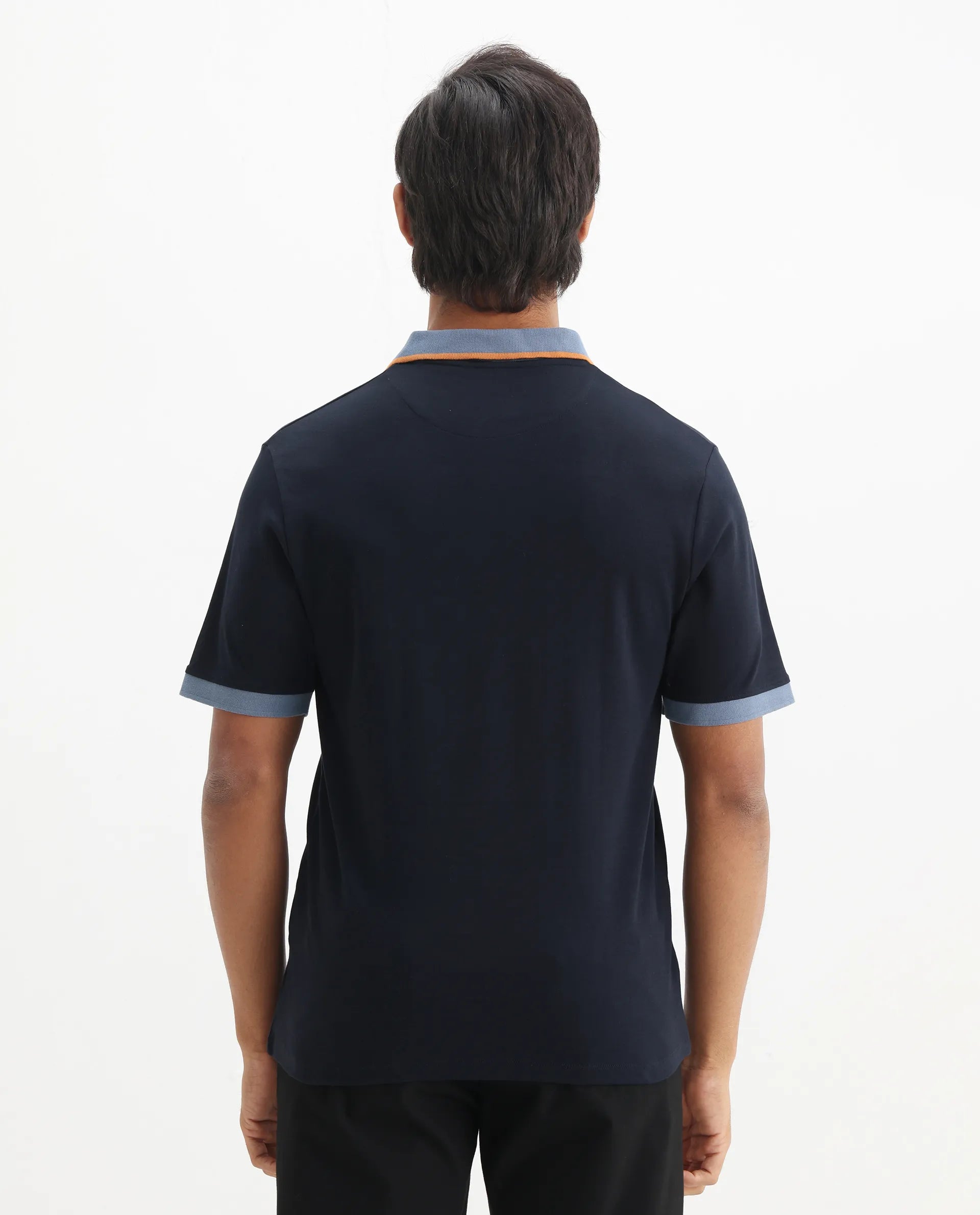 Rare Rabbit Men's Lark Navy Cotton Plain Regular Fit Half Sleeve Polo