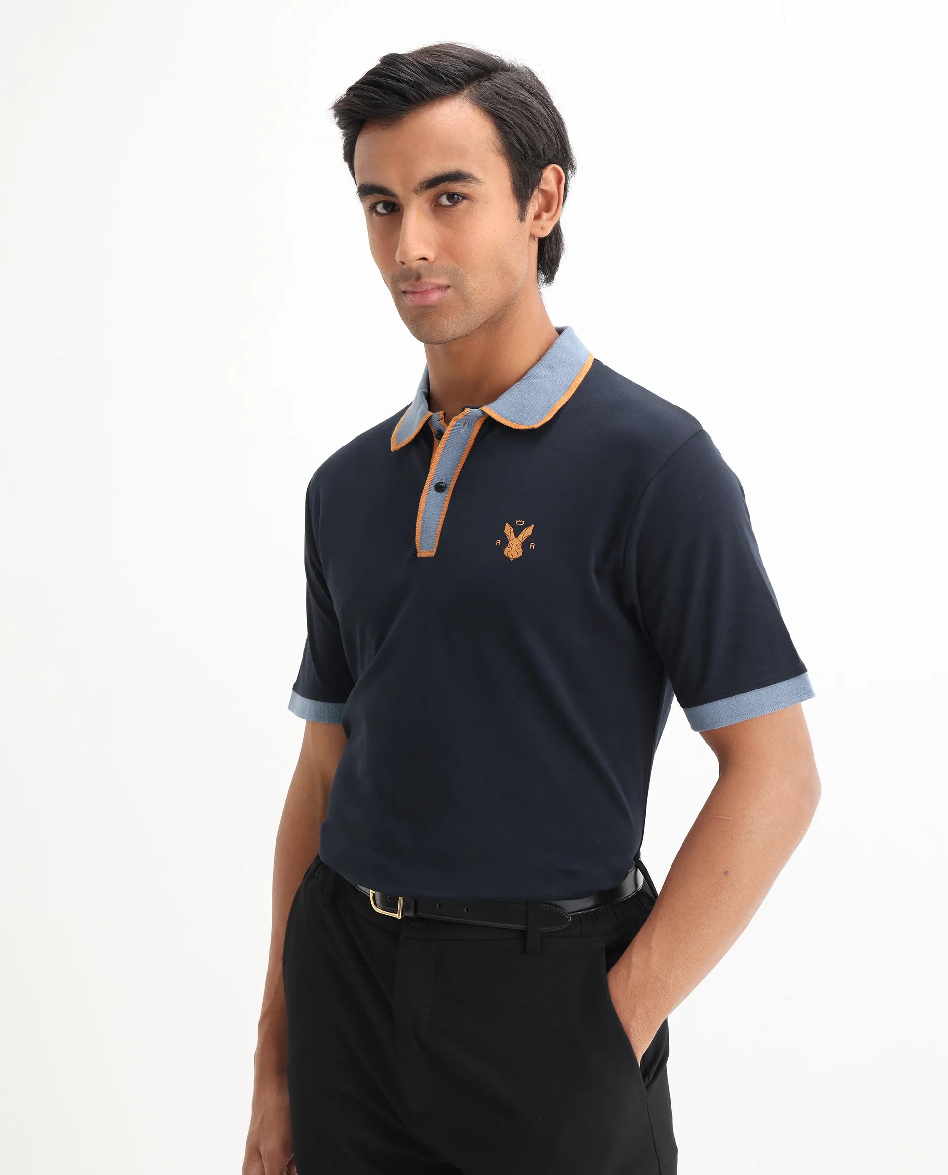Rare Rabbit Men's Lark Navy Cotton Plain Regular Fit Half Sleeve Polo