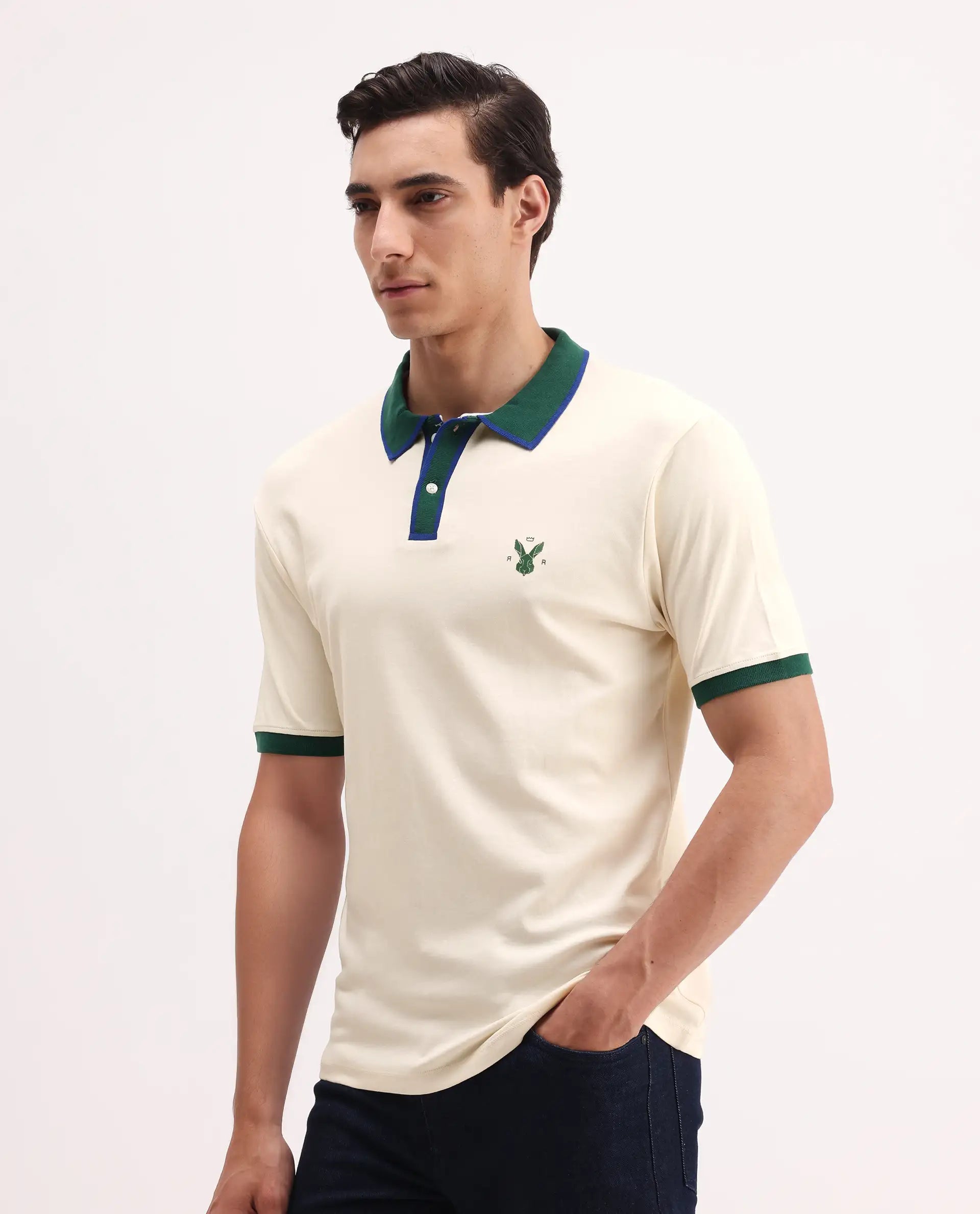 Rare Rabbit Men's Lark Off White Cotton Plain Regular Fit Half Sleeve Polo