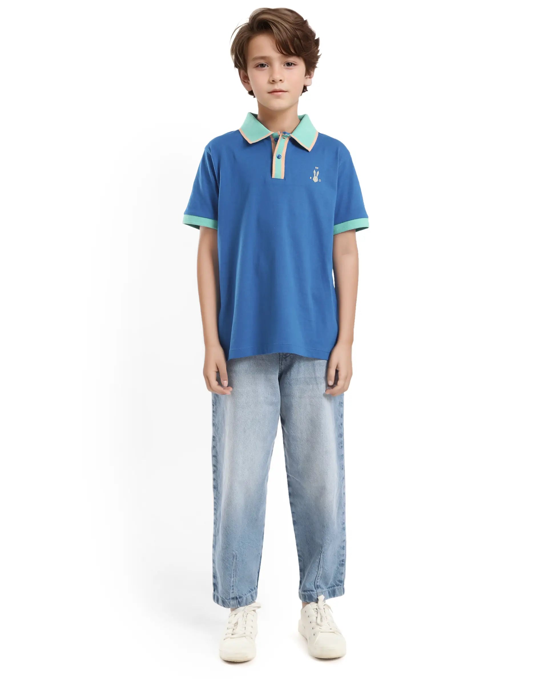 Rare Ones Kids Larn Blue Cotton Half Sleeves Contrasting Collar Regular Fit Solid Polo