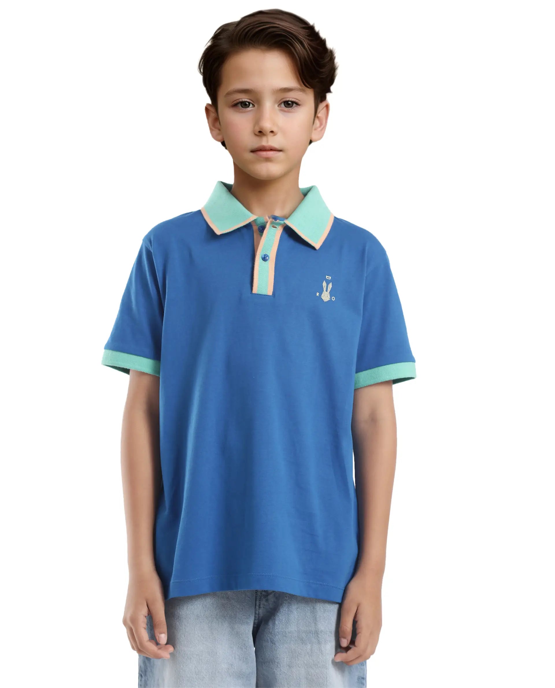 Rare Ones Kids Larn Blue Cotton Half Sleeves Contrasting Collar Regular Fit Solid Polo