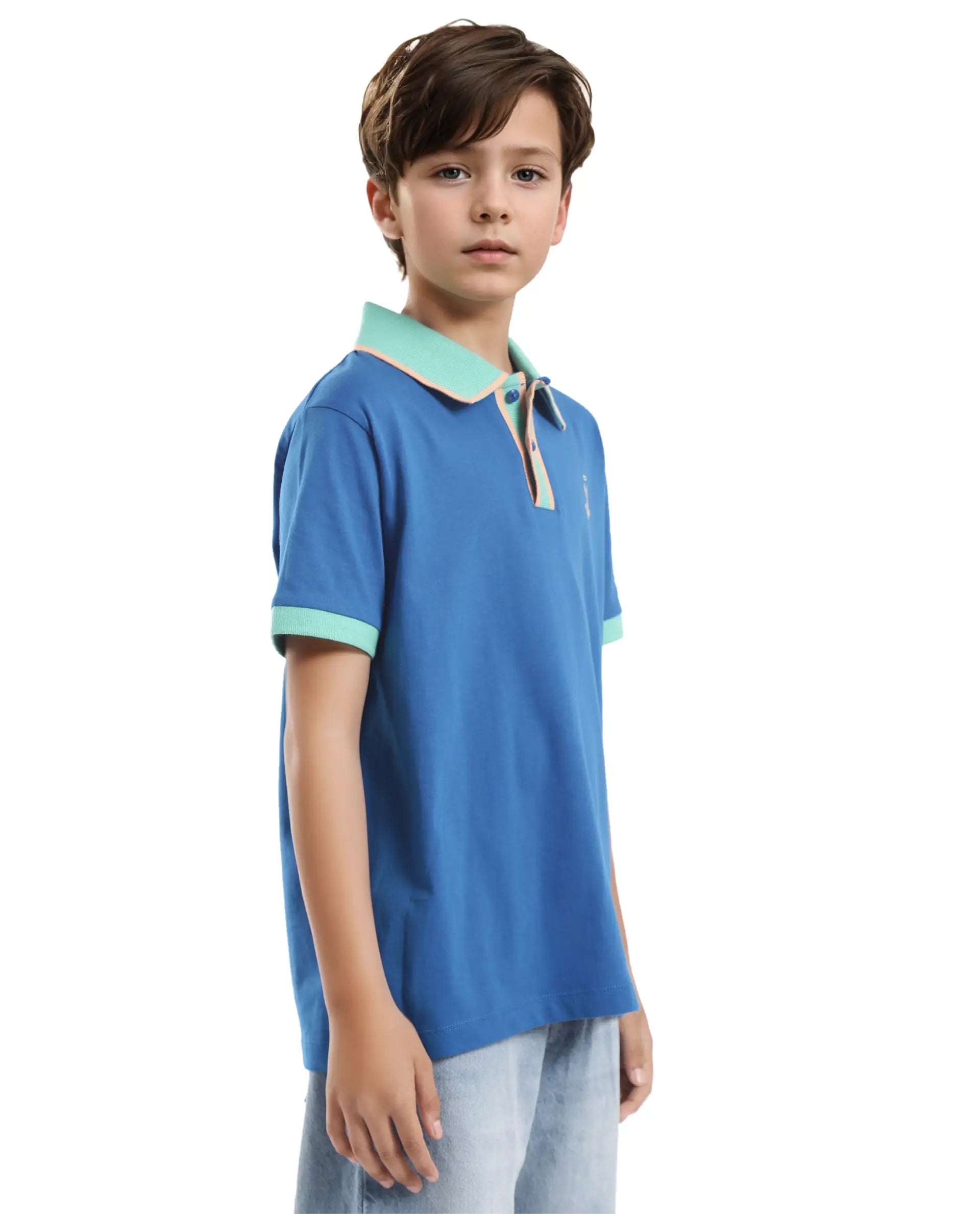 Rare Ones Kids Larn Blue Cotton Half Sleeves Contrasting Collar Regular Fit Solid Polo